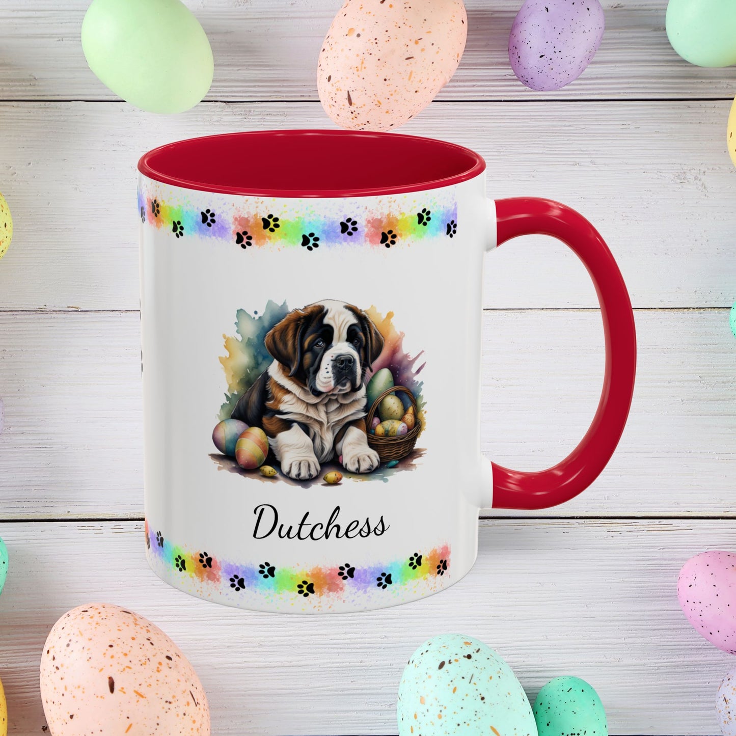 Saint Bernard Easter puppy coffee mug personalized for dog lovers, promoting comfort, calm, and joyful Easter mornings.