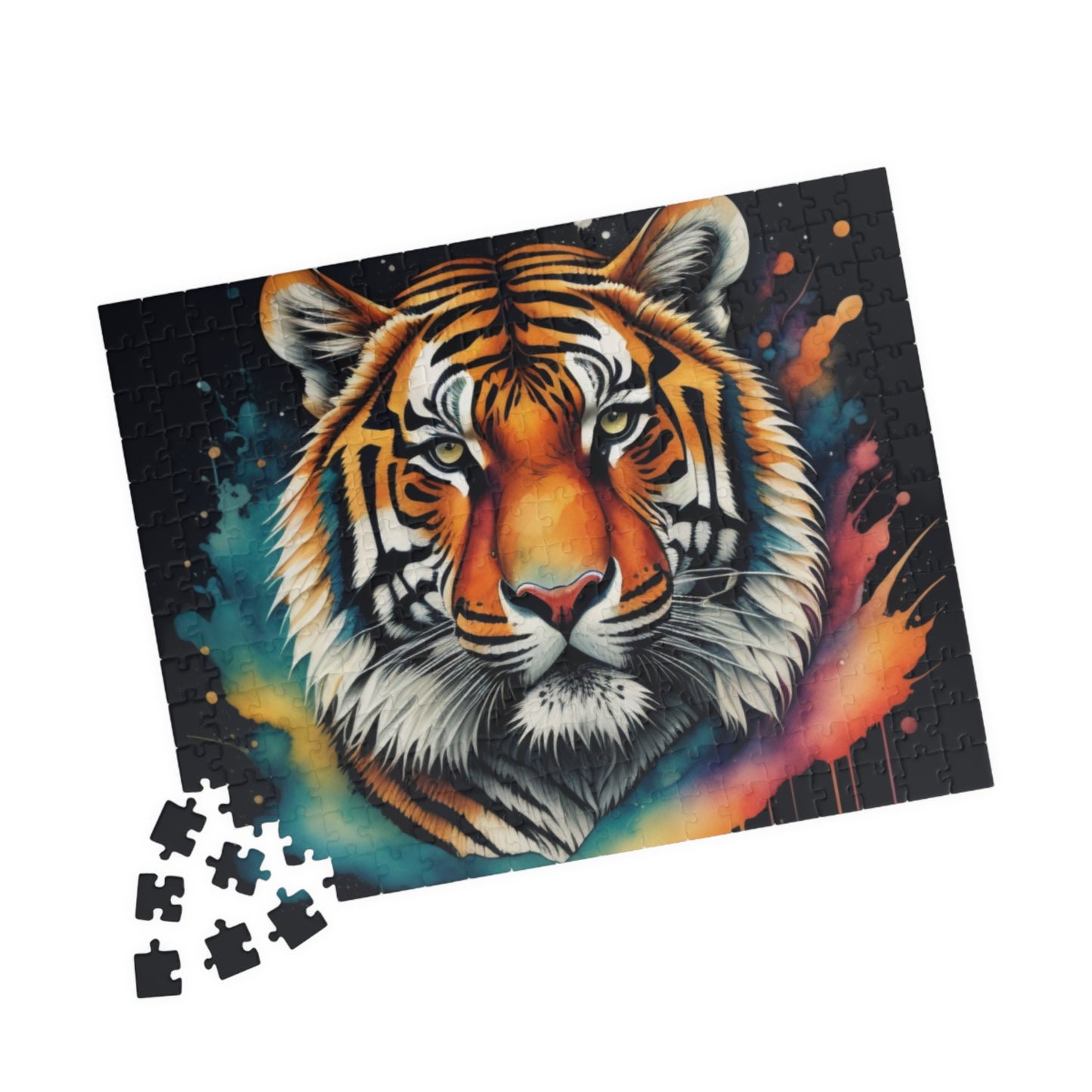 Peaceful tiger resting in a lush jungle setting, captured on a puzzle promoting calm and focus