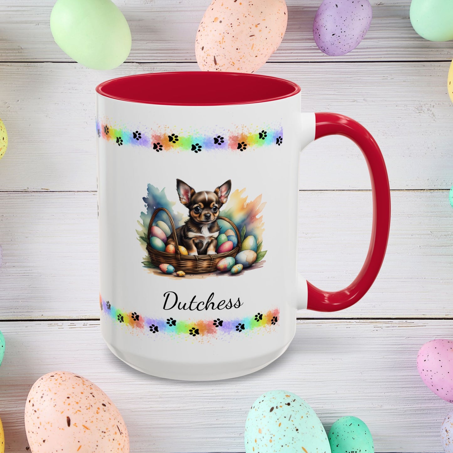Chihuahua (Black Tri): Personalized Easter Puppy Coffee Mug - Adorable Dog Design, Mental Health Gift, 11oz & 15oz, 12 Color Choices, Easter Gifts & Décor