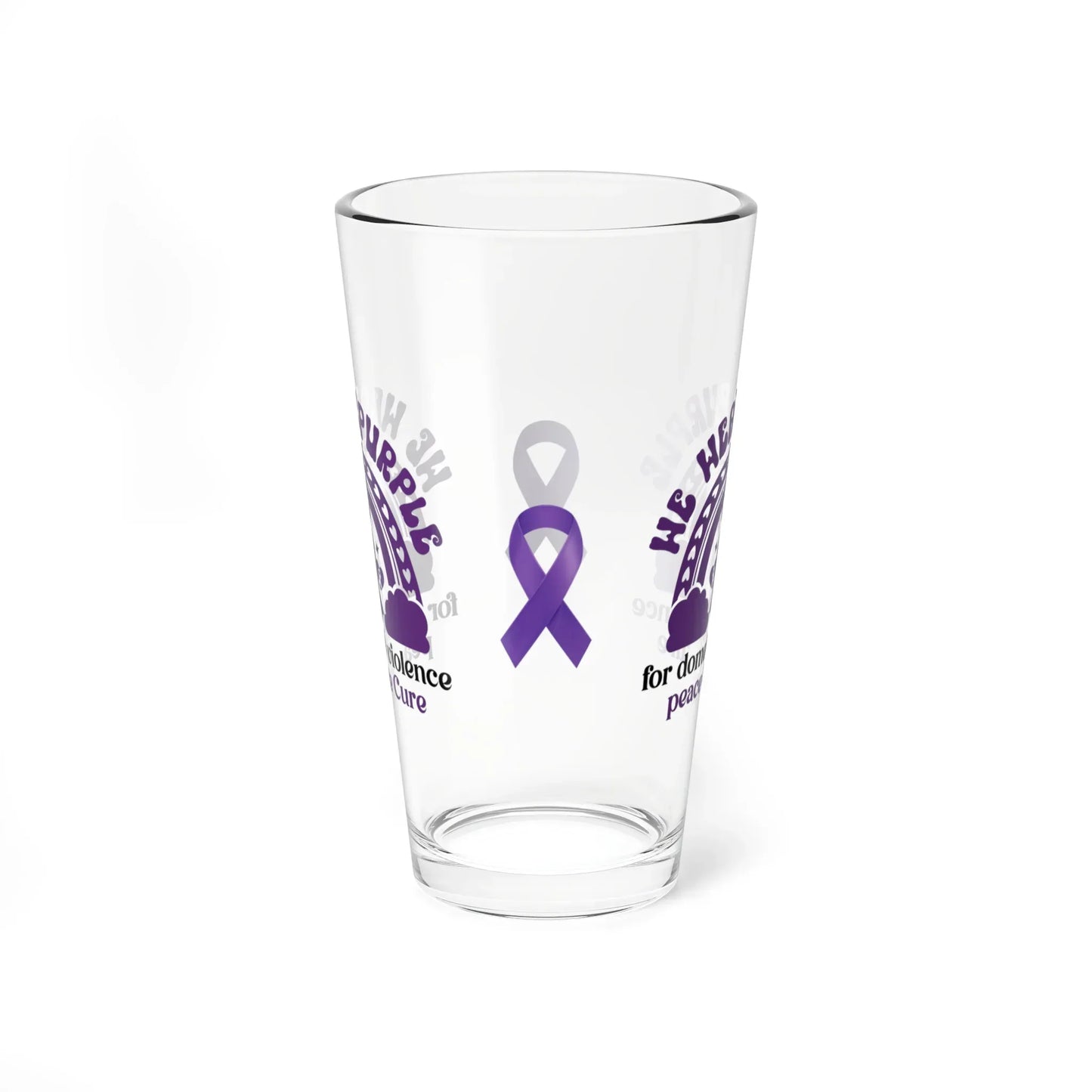 Shop our premium we wear purple for domestic violence peace love cure pint glass 16oz from MySisterIsASurvivor.