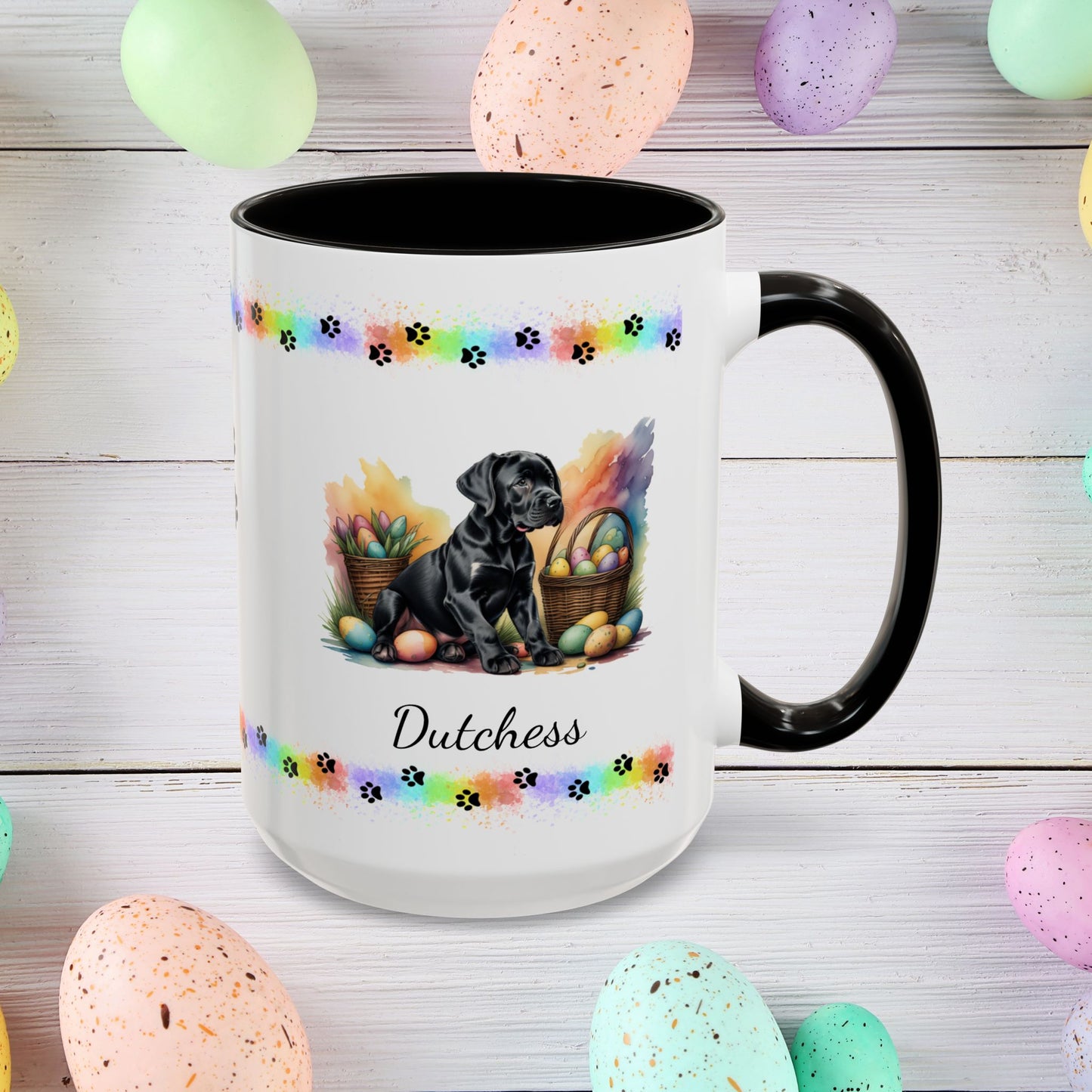 Great Dane Black Easter puppy coffee mug, personalized cute dog gift for mental health support and cozy sipping