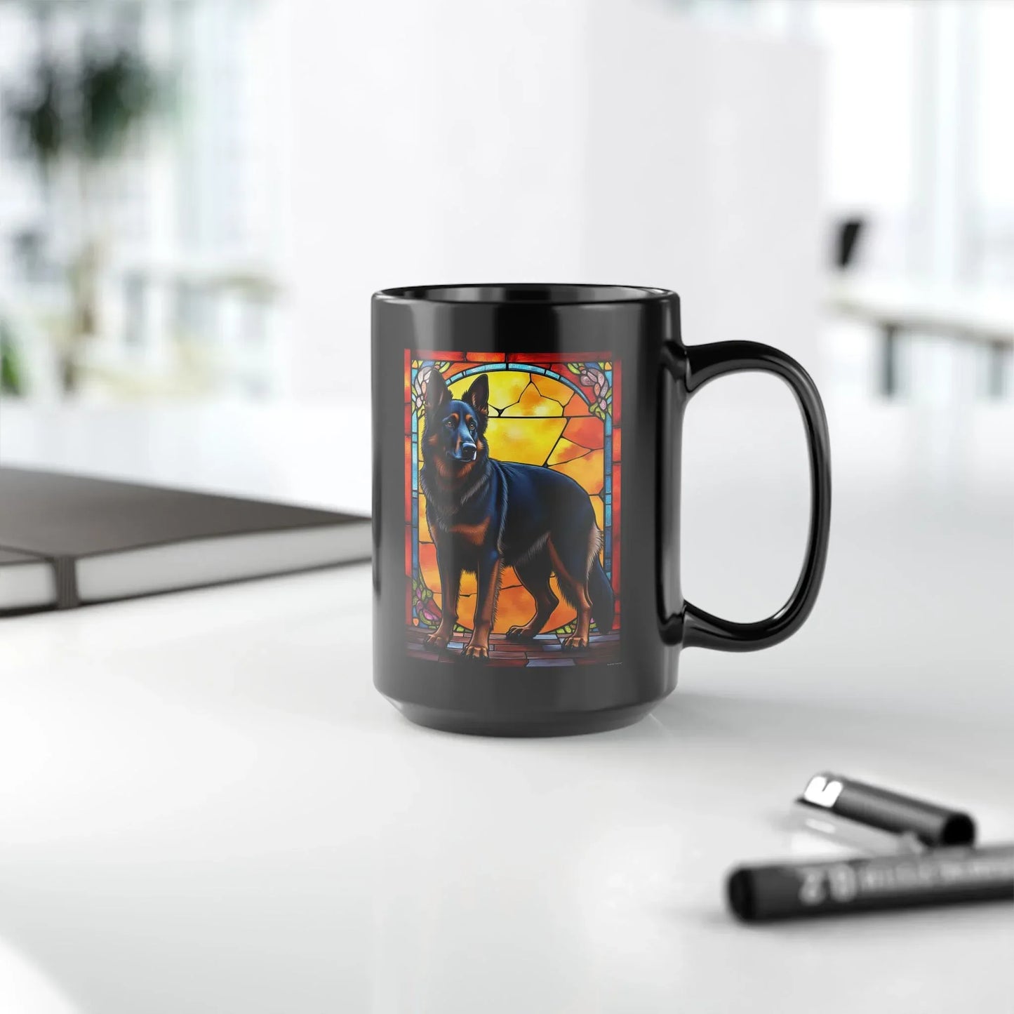 Shop our premium german shepherd black red blanket personalized mug with stained glass design 11oz 15oz from MySisterIsASurvivor.