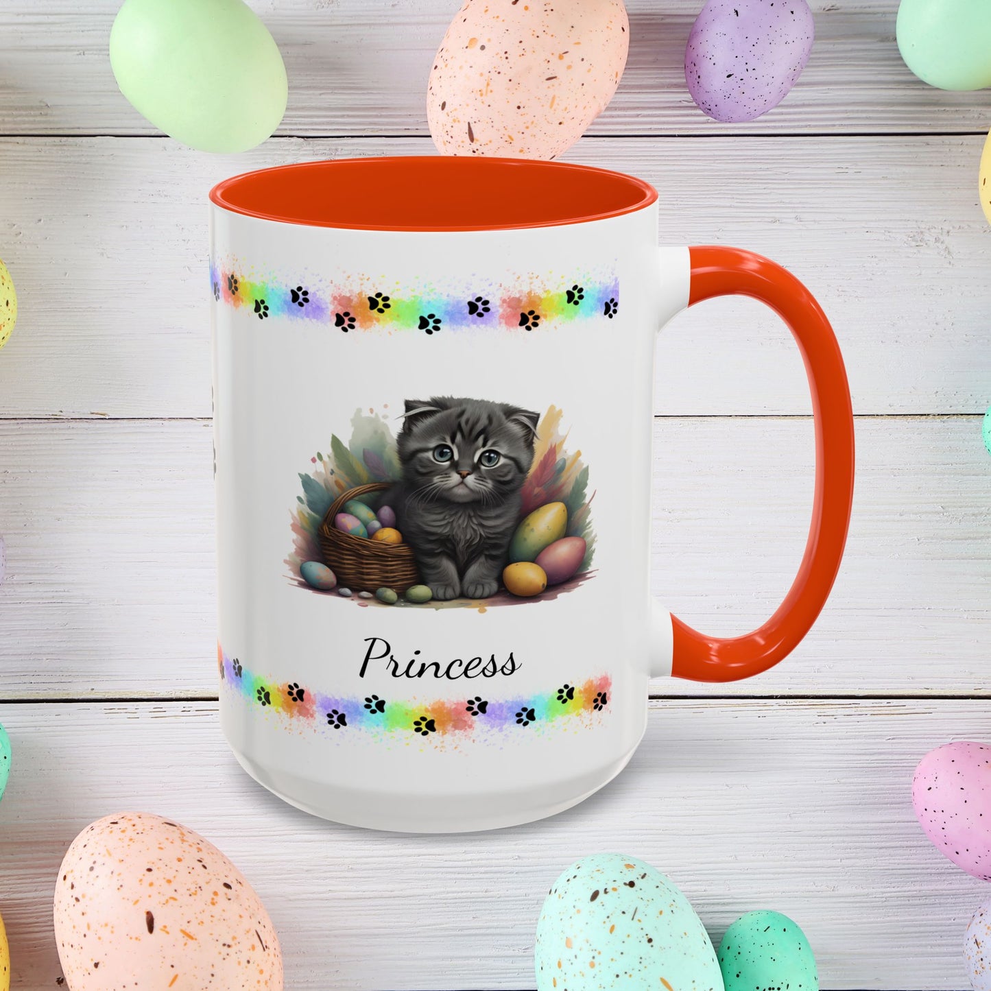 Scottish Fold Easter coffee mug, personalized kitten design, cute cat gift for mental health awareness