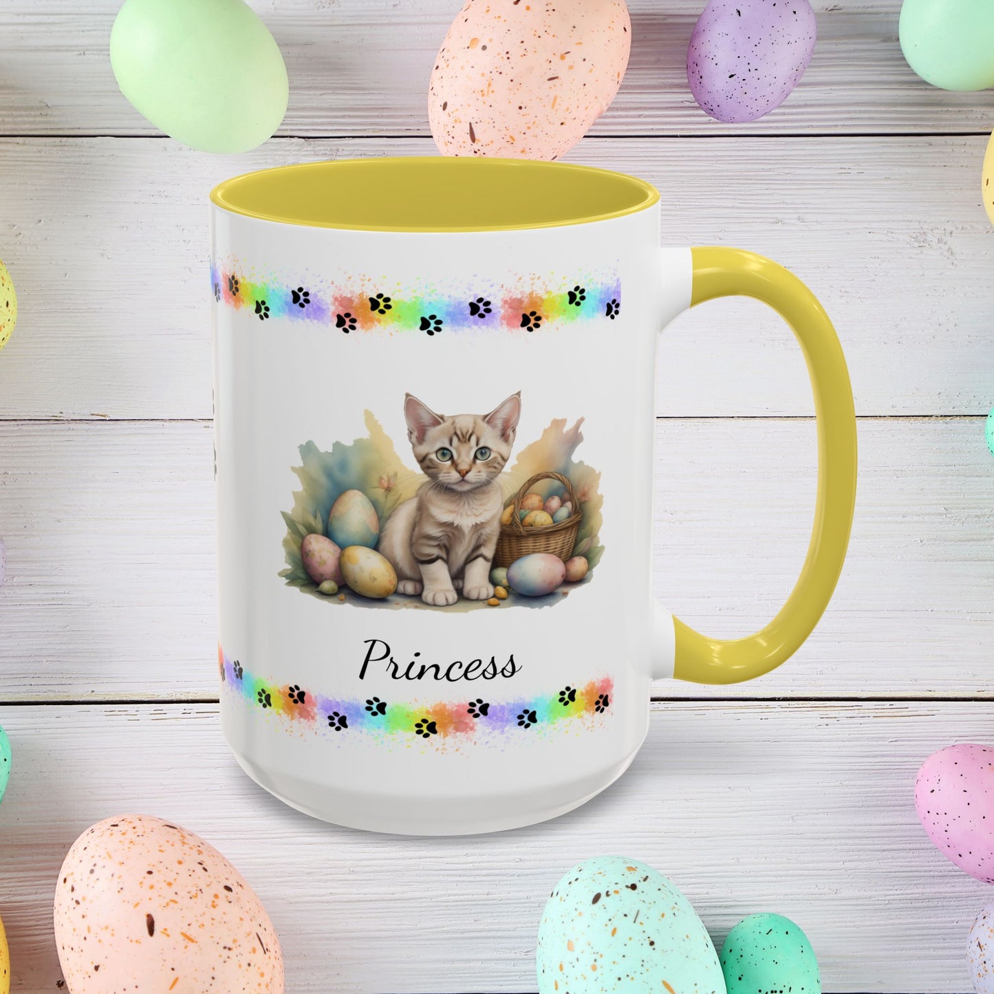 Devon Rex personalized Easter coffee mug, cute kitten design, mental health awareness gift for cat lovers