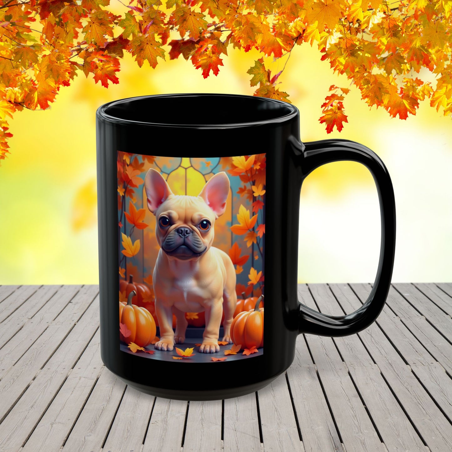 Fawn French Bulldog Autumn Black Mug - Cute autumn dog lover coffee cup gift