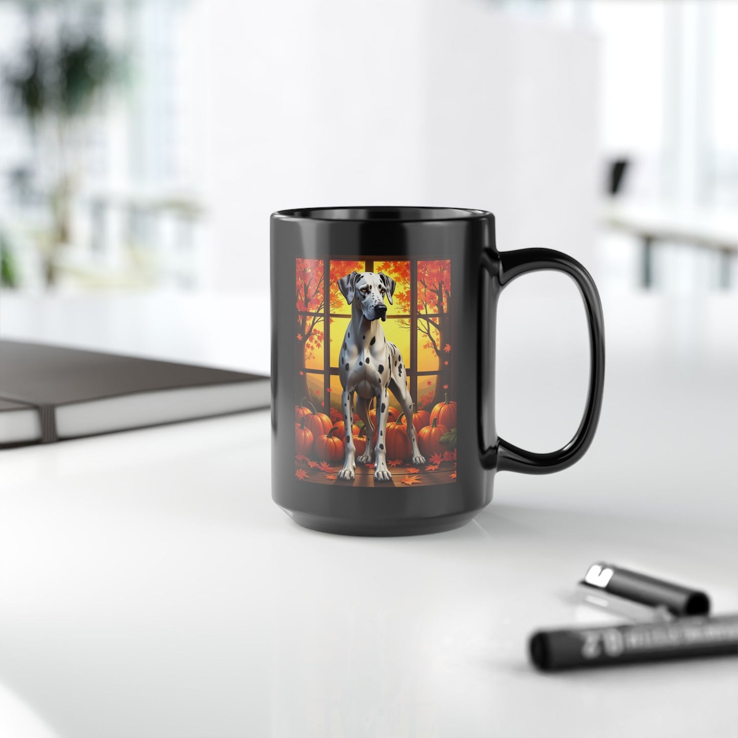 Great Dane Harlequin - Autumn mug, seasonal coffee cup for fall dog parents and Great Dane lovers