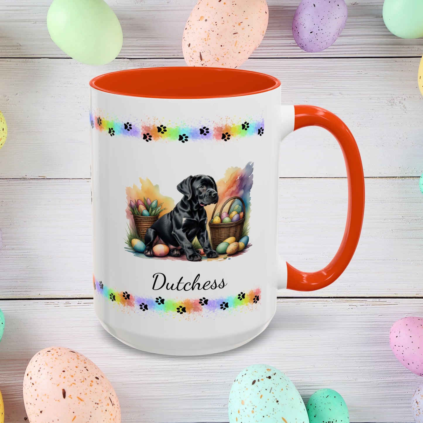 Great Dane Black Easter puppy coffee mug, personalized cute dog gift for mental health support and cozy sipping