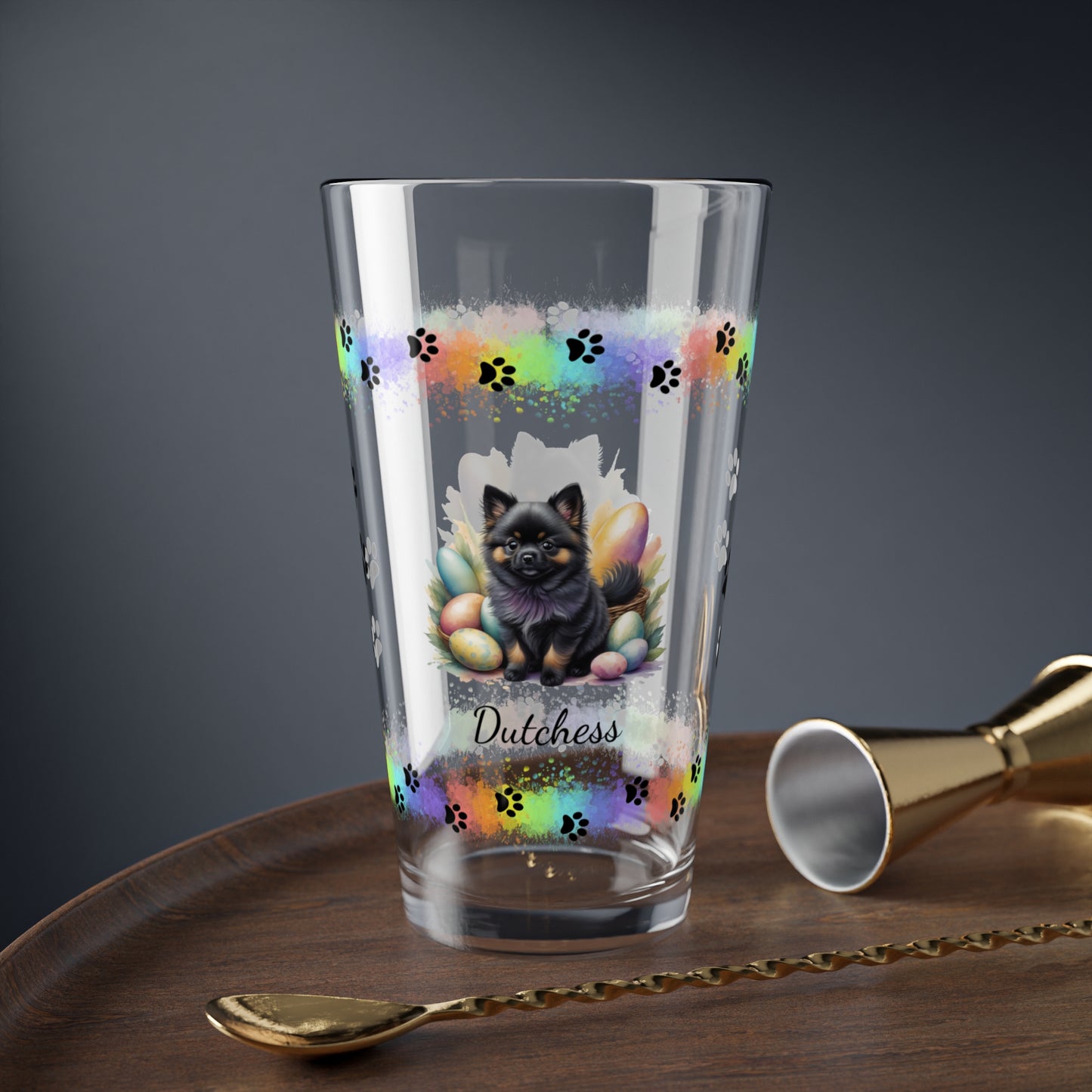 Pomeranian (Black & Tan) Personalized Easter Puppy 16oz Pint Glass - Custom Dog Design, Mental Health Gift, Easter Décor, and Festive Celebrations