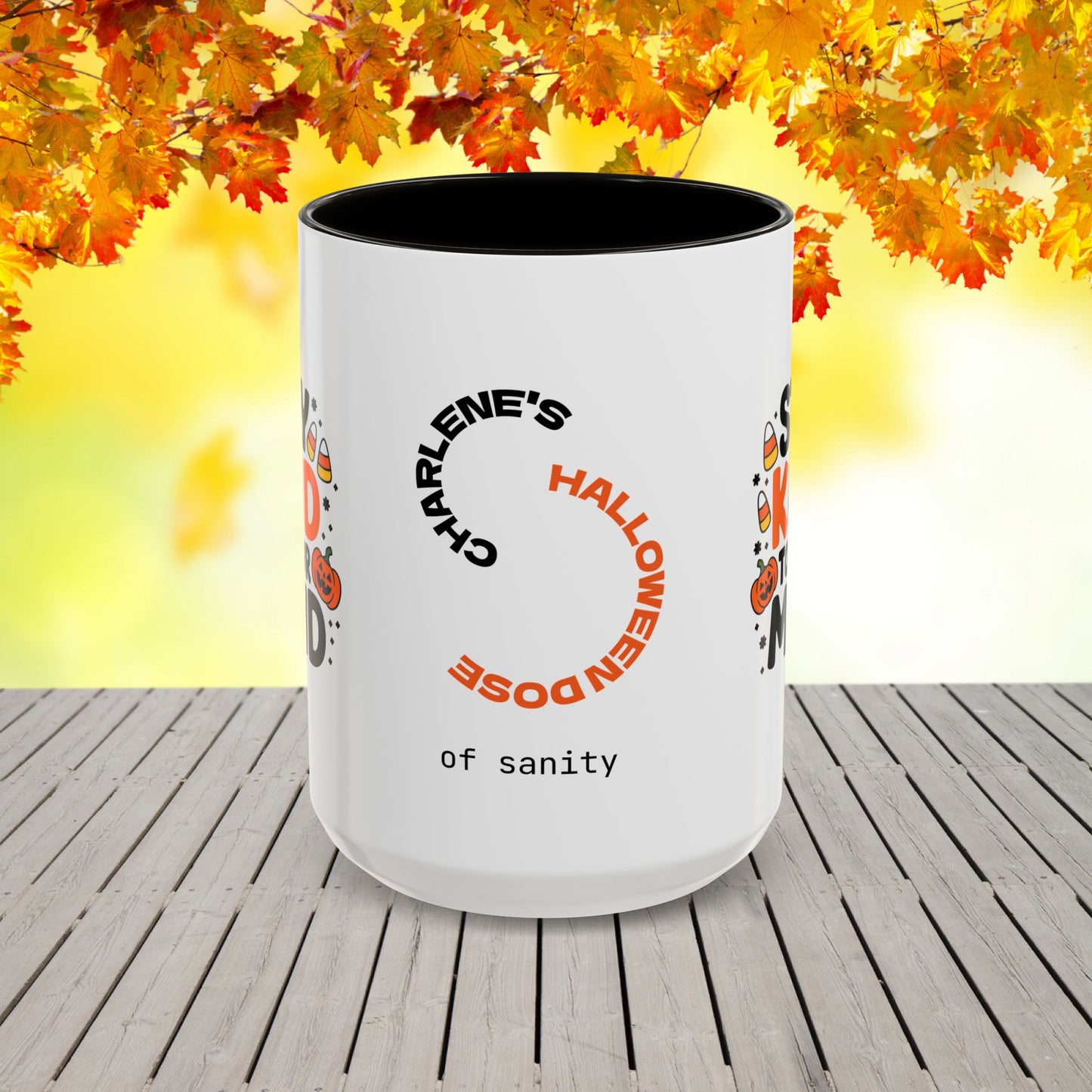 Custom Halloween mug with “Stay Kind to Your Mind” quote, personalized mental wellness gift for everyday encouragement.