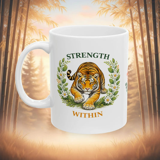 Shop our strength within tiger mug featuring the 15oz style option from MySisterIsASurvivor.