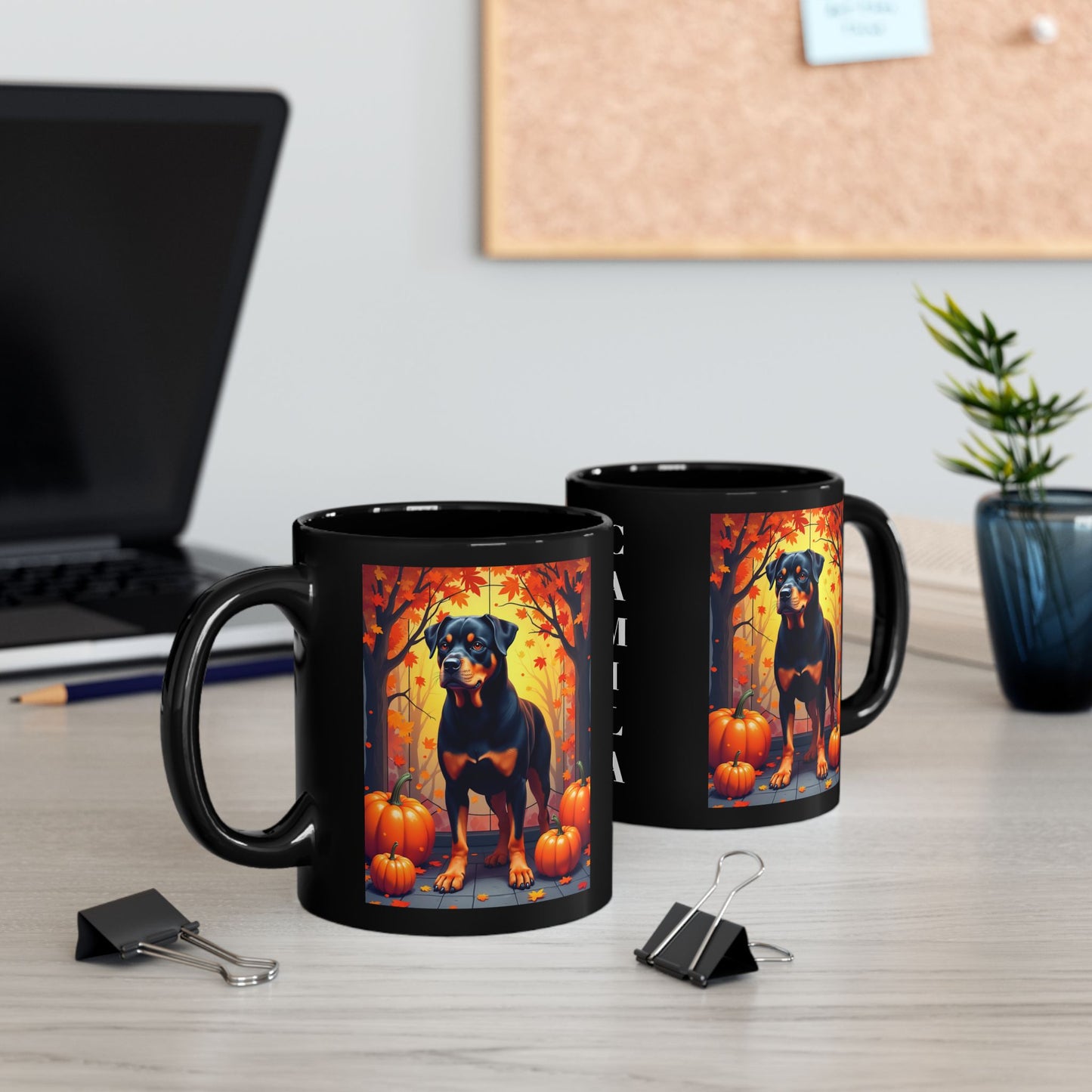 Black and Tan Rottweiler personalized mug, fall-themed coffee cup for dog lovers, cozy autumn drinkware gift