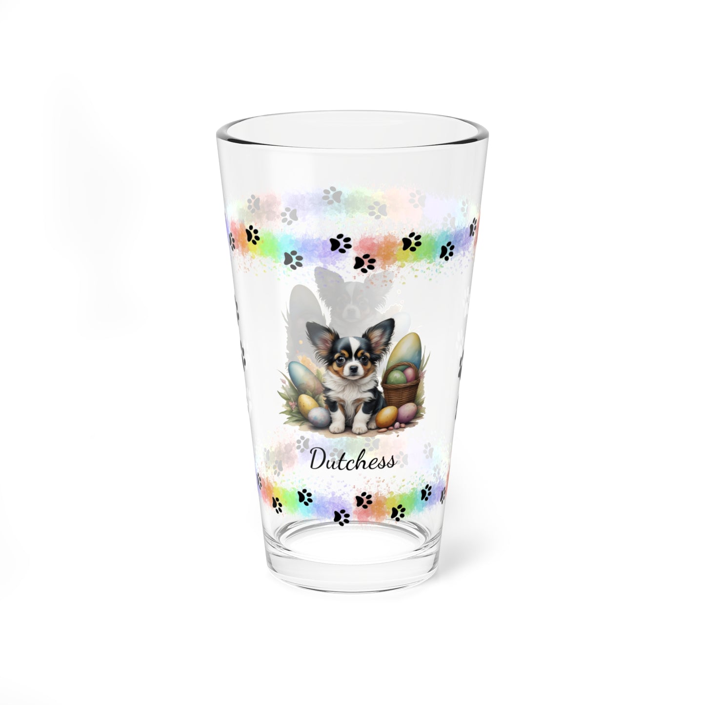 Papillon (White, Black & Tan) Personalized Easter Puppy 16oz Pint Glass - Custom Dog Design, Mental Health Gift, Easter Décor, and Festive Celebrations