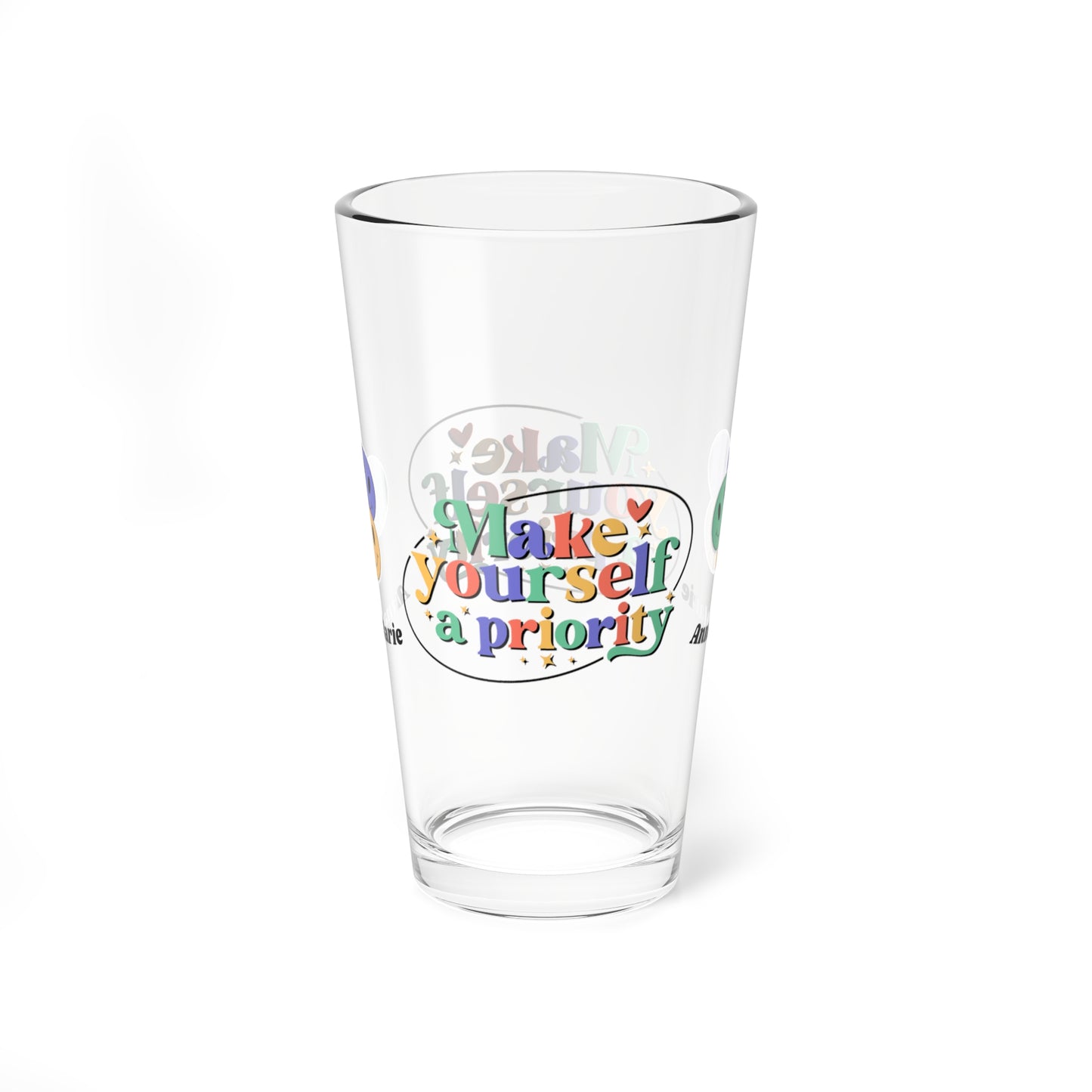 Make Yourself a Priority retro mental health pint glass with custom clear glass design