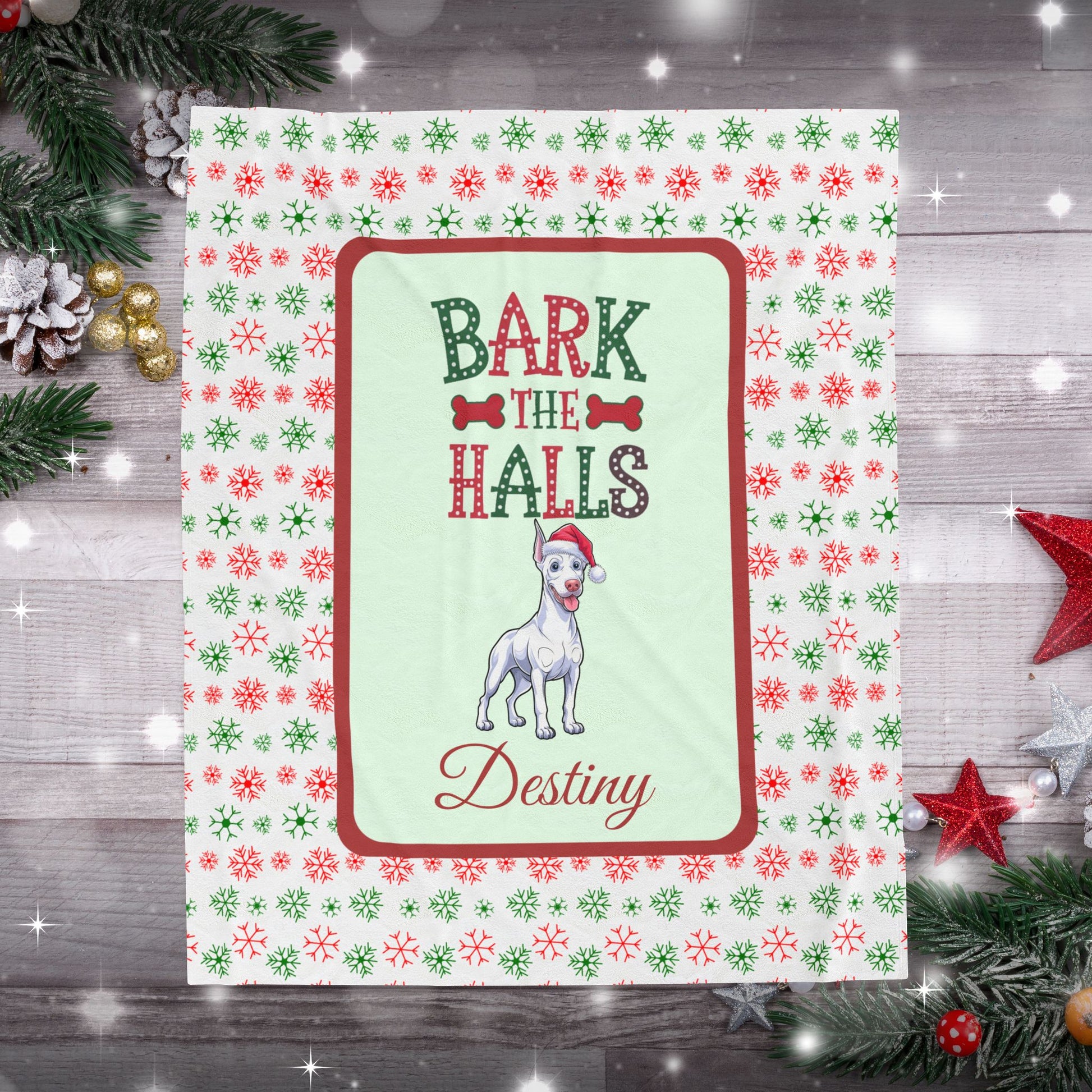 Doberman Pinscher White personalized velveteen Christmas throw Bark The Halls holiday dog lover blanket