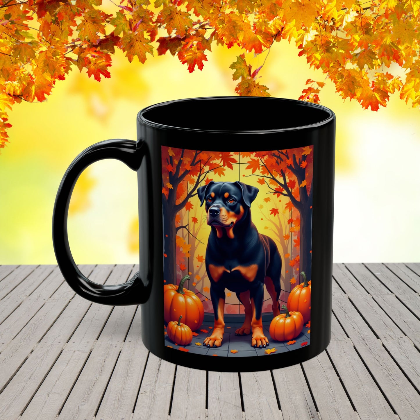 Black and Tan Rottweiler personalized mug, fall-themed coffee cup for dog lovers, cozy autumn drinkware gift