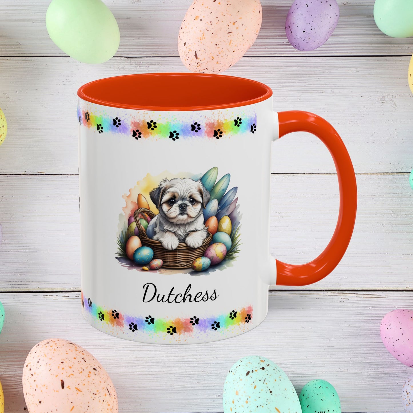 Silver and white Shih Tzu Easter puppy coffee mug, adorable personalized dog gift for comfort, hope, and self-care.