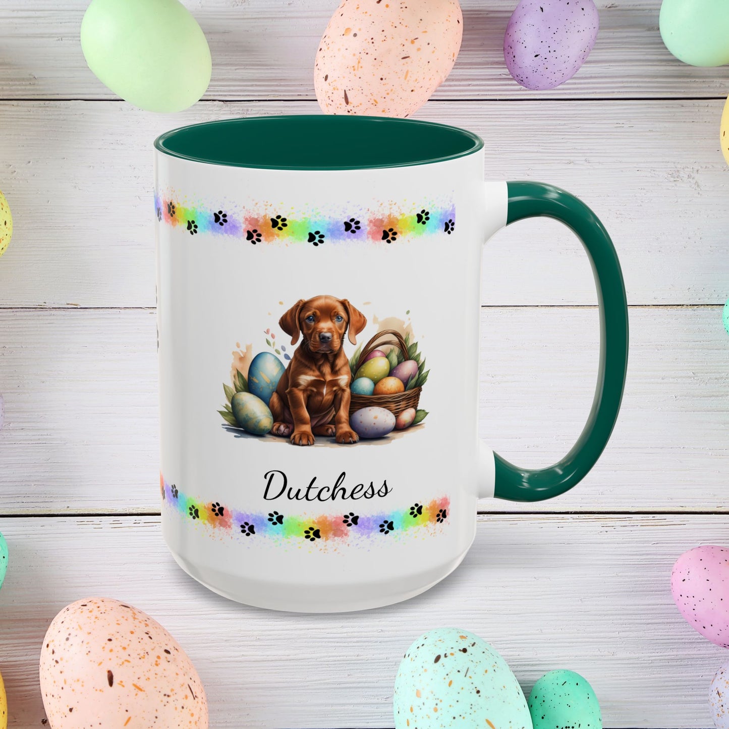 Vizsla Easter puppy coffee mug personalized adorable dog lover gift, great for mindful self-care and Easter gifting.
