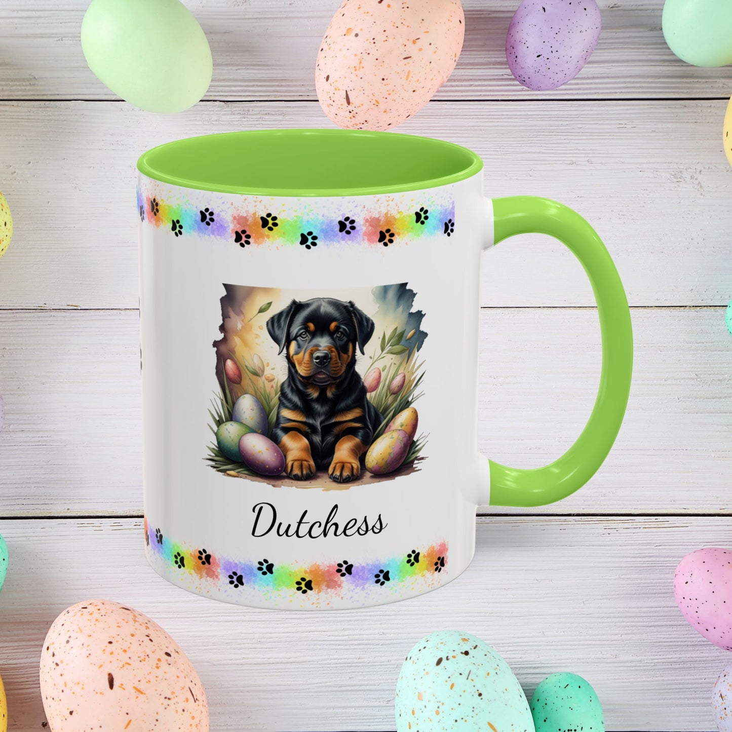 Rottweiler Easter puppy coffee mug personalized dog design, thoughtful gift for self-care and mental health awareness.