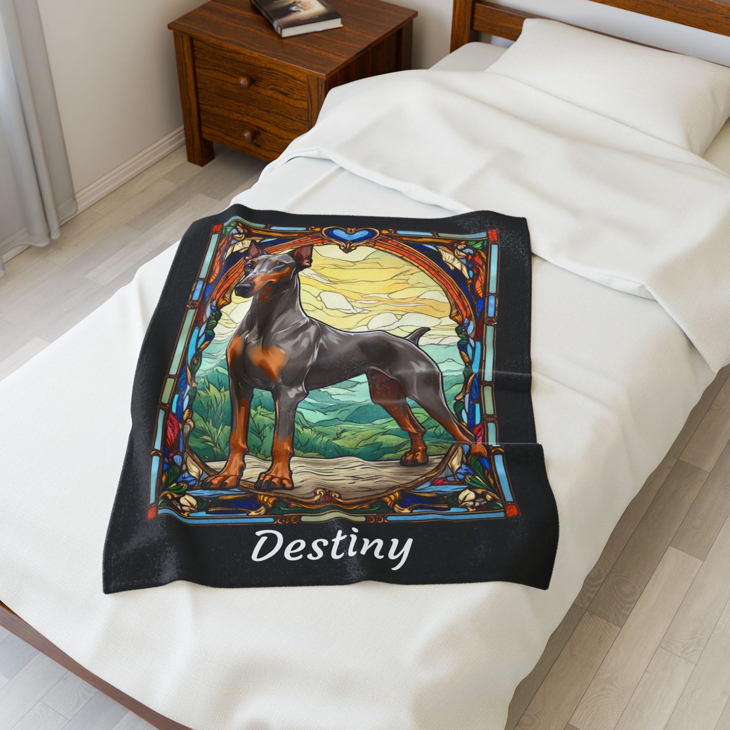 Doberman fawn Isabella and rust velveteen blanket, stained glass dog throw, personalized pet gift - MySisterIsASurvivor