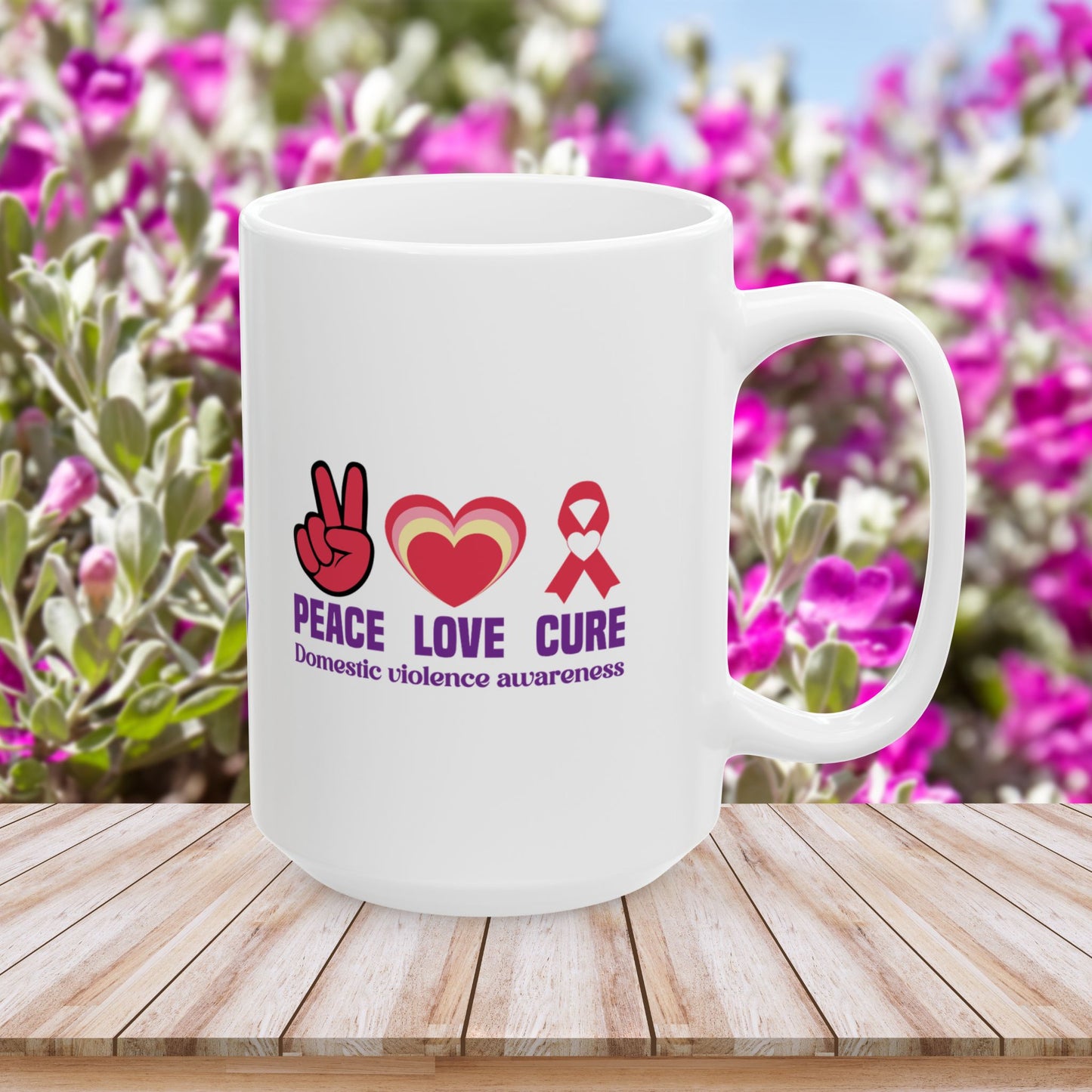 Peace Love Cure Domestic Violence Awareness Ceramic Mug - Support & Empowerment
