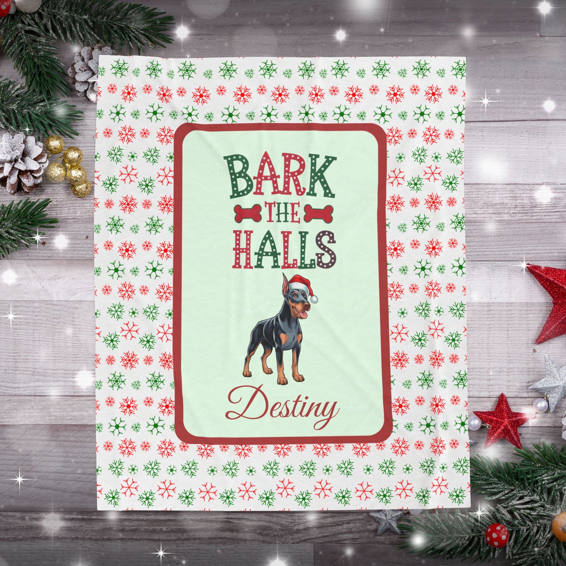 Doberman Pinscher Blue and Rust custom velveteen dog blanket Bark The Halls festive Christmas throw for pet lovers