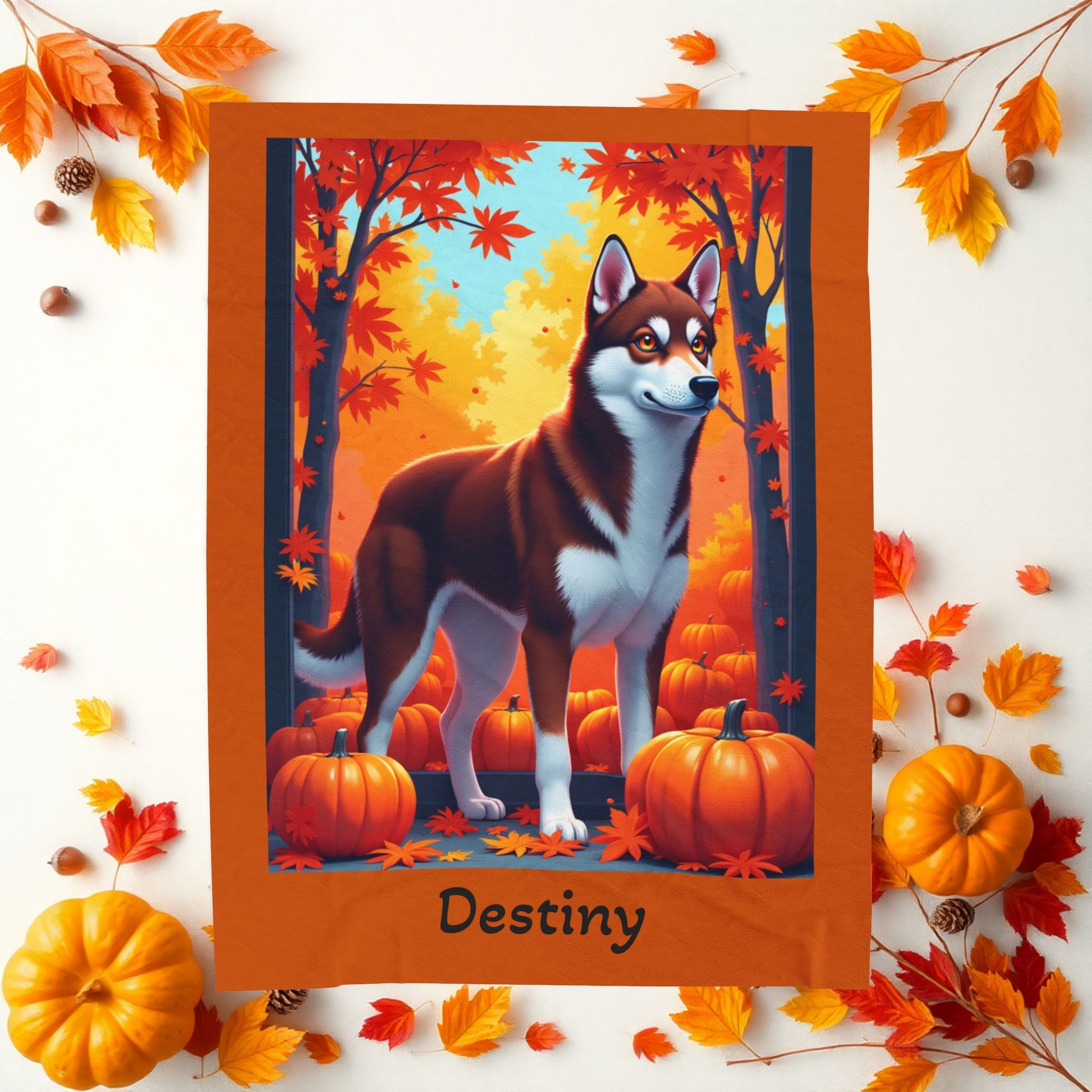 Siberian Husky Dark Red & White Coat (Amber Eyes) Velveteen Plush Blanket, Custom Dog Throw