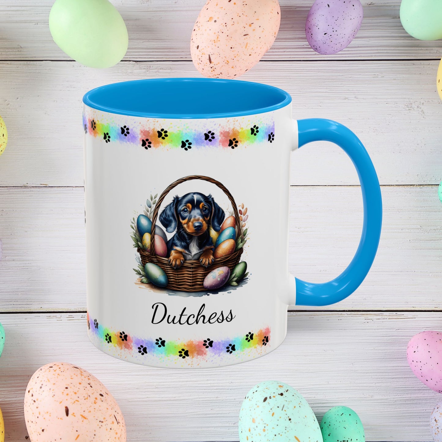 Dachshund personalized Easter puppy mug, cute dog coffee cup gift for mental health awareness and dog lovers