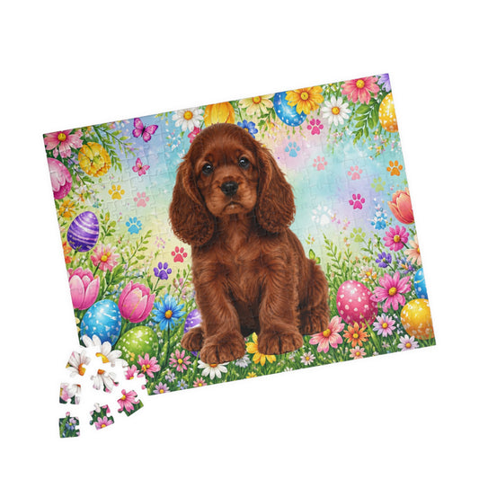 American Cocker Spaniel (Orange) Easter Puppy Puzzle - Spring Garden with Eggs, Tulips, and Daisies