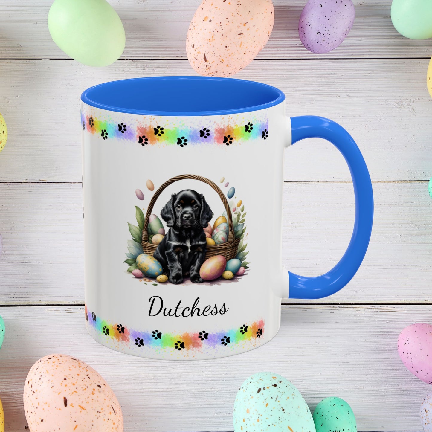 Cocker Spaniel Black personalized Easter puppy mug, cute dog coffee cup gift for mental health awareness