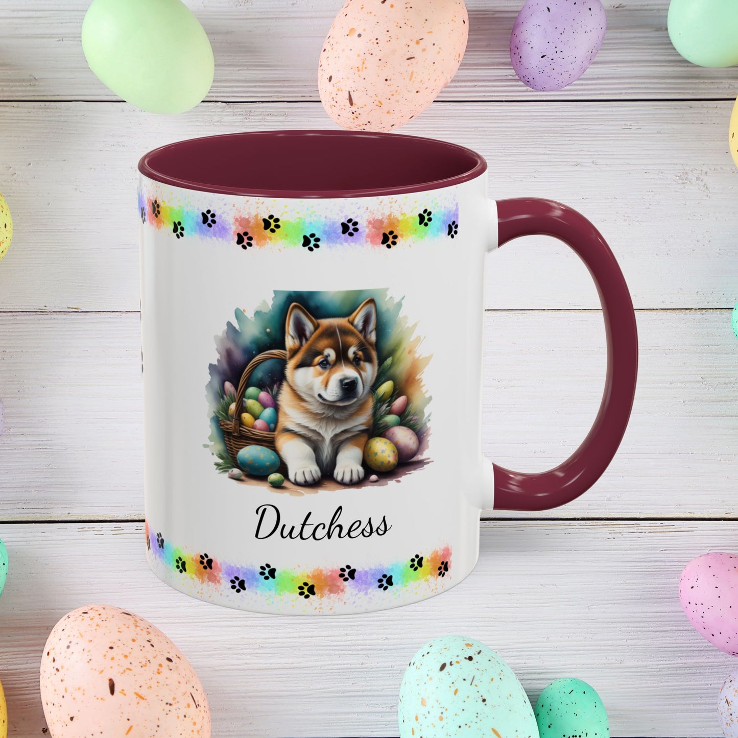 Akita personalized Easter puppy mug, cute dog coffee cup gift for mental health awareness and cozy sipping