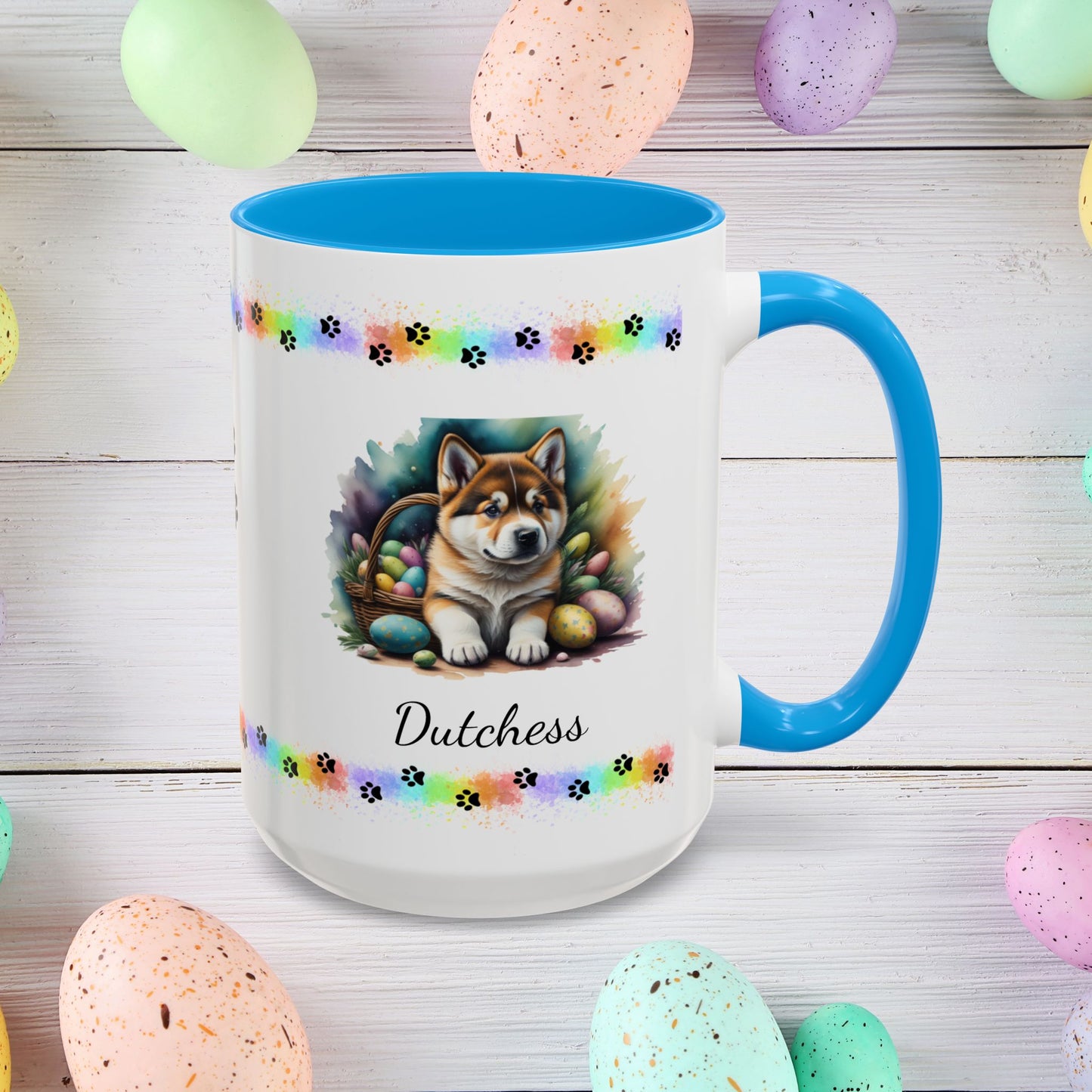Akita personalized Easter puppy mug, cute dog coffee cup gift for mental health awareness and cozy sipping