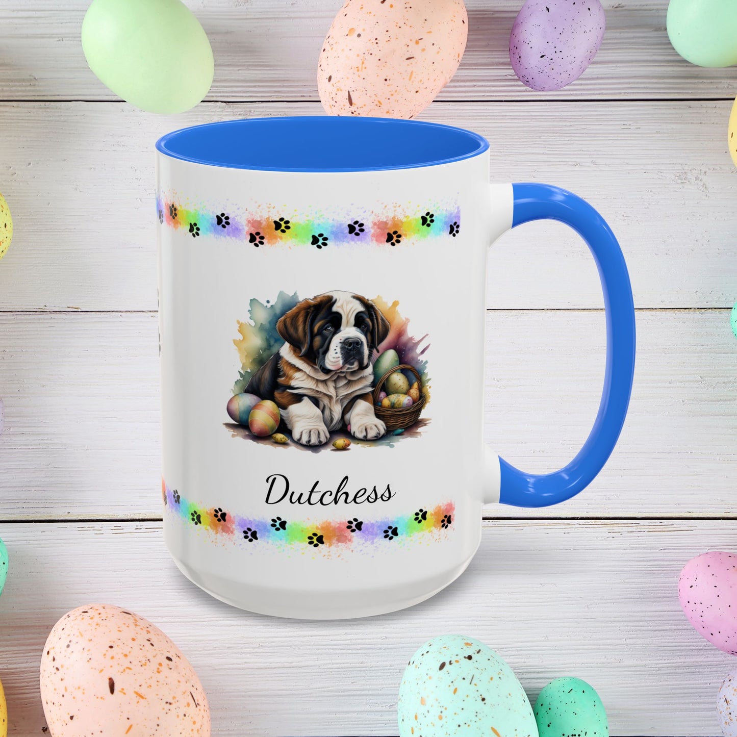 Saint Bernard: Personalized Easter Puppy Coffee Mug - Adorable Dog Design, Mental Health Gift, 11oz & 15oz, 12 Color Choices, Easter Gifts & Décor