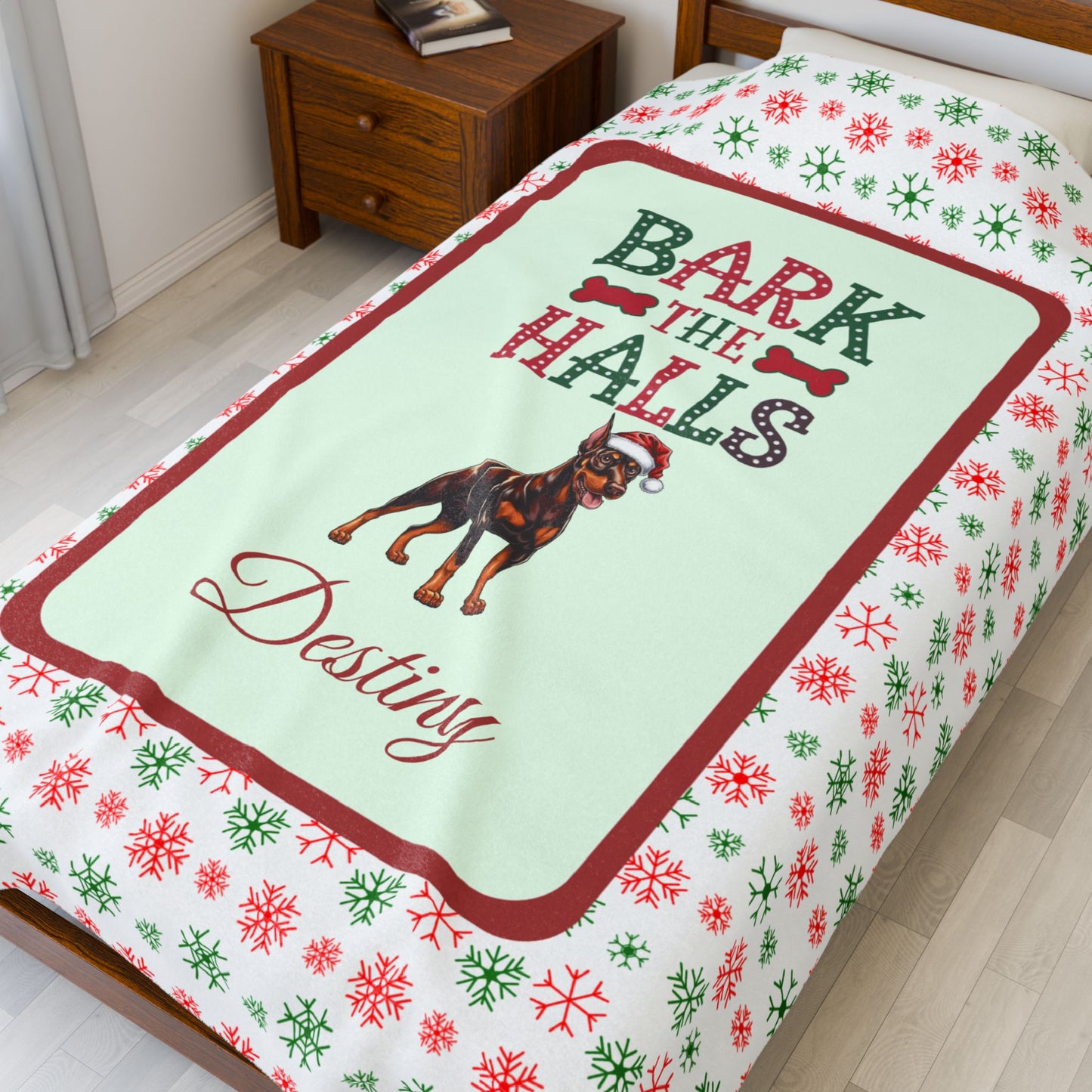 Doberman Pinscher Red and Rust luxury velveteen dog lover throw Bark The Halls festive holiday blanket for Doberman owners