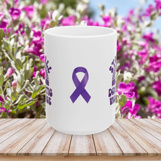 Shop our stop all domestic violence ceramic mug 11oz 15oz featuring the 15oz style option from MySisterIsASurvivor.