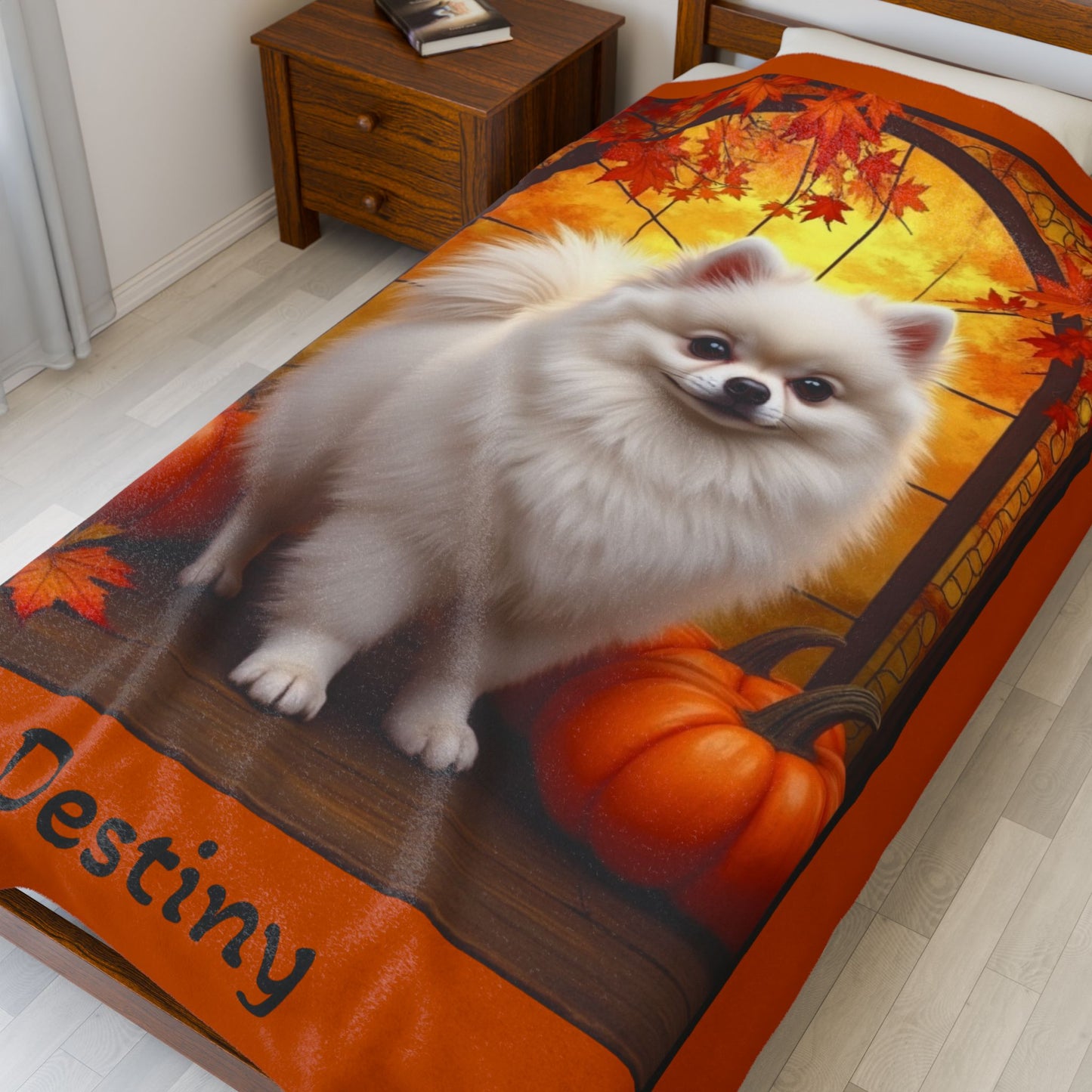 White Pomeranian velveteen plush blanket, fluffy cozy throw blanket gift for pet parents and dog lover home
