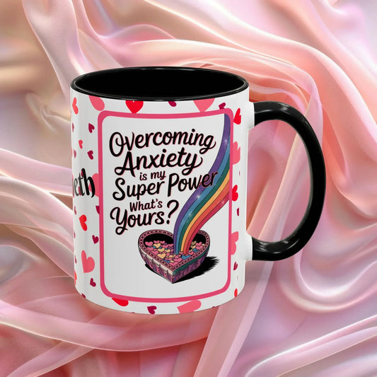 Shop our overcoming anxiety valentines day mug featuring the 11oz style option from MySisterIsASurvivor.
