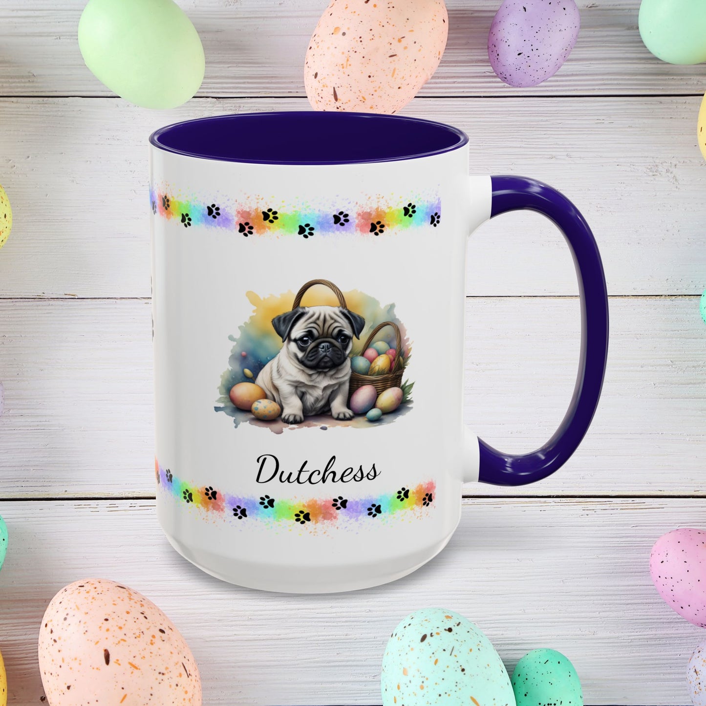 Sweet Pug Easter puppy coffee mug personalized for dog lovers, uplifting mental health and spreading Easter cheer.