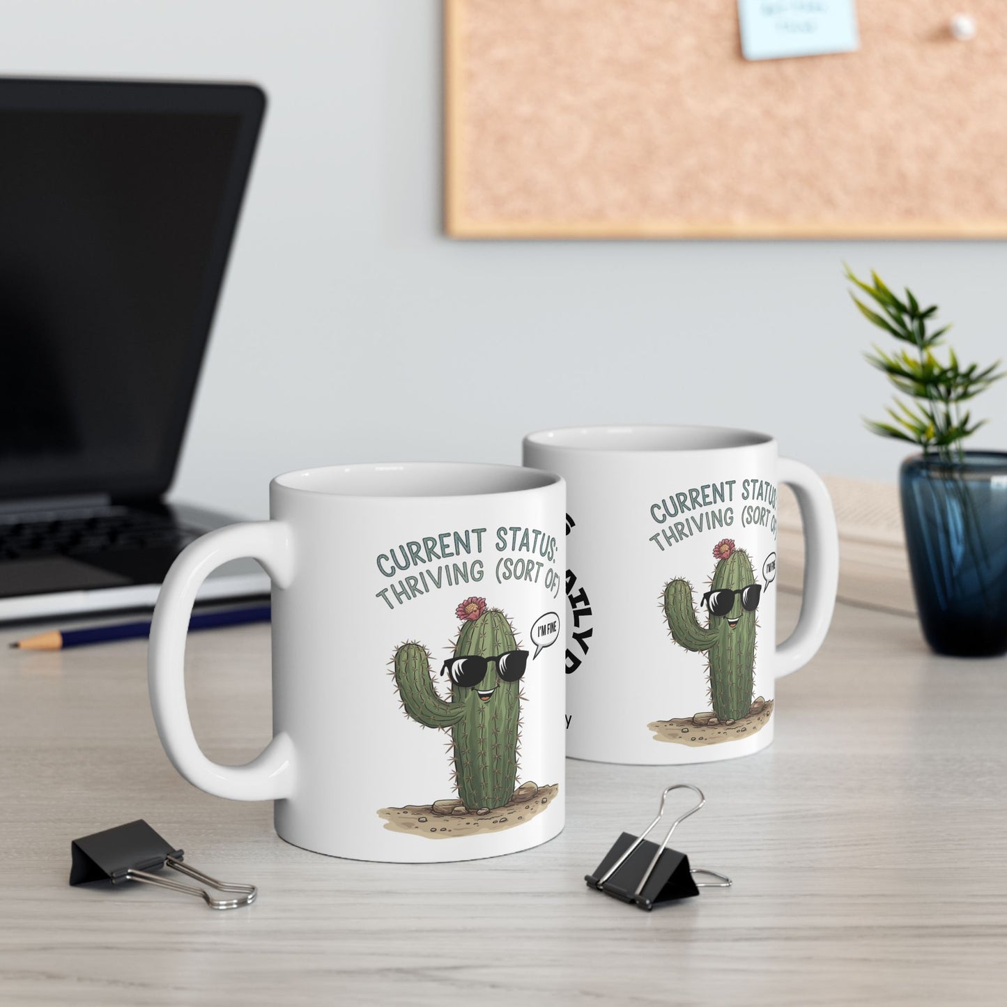 "Current Status: Thriving (Sort Of)" funny mental health mug, personalized for anxiety relief and self-care affirmations.
