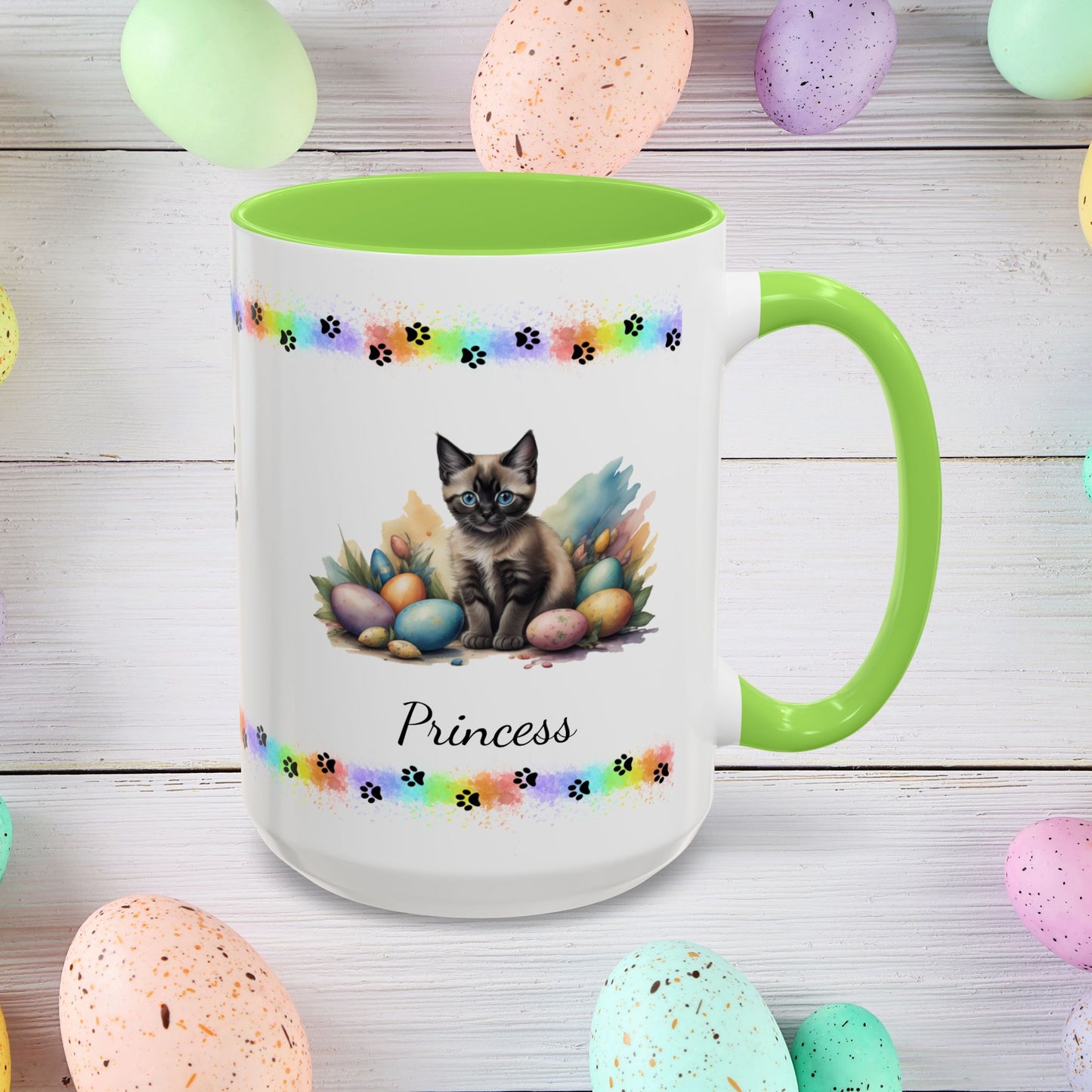 Siamese personalized Easter kitten mug, cute cat coffee cup, gift for mental health support and comfort