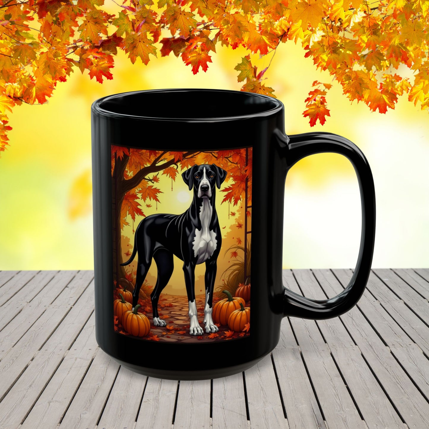 Great Dane Mantle - Autumn black mug, fall coffee cup for dog moms and seasonal Great Dane gift