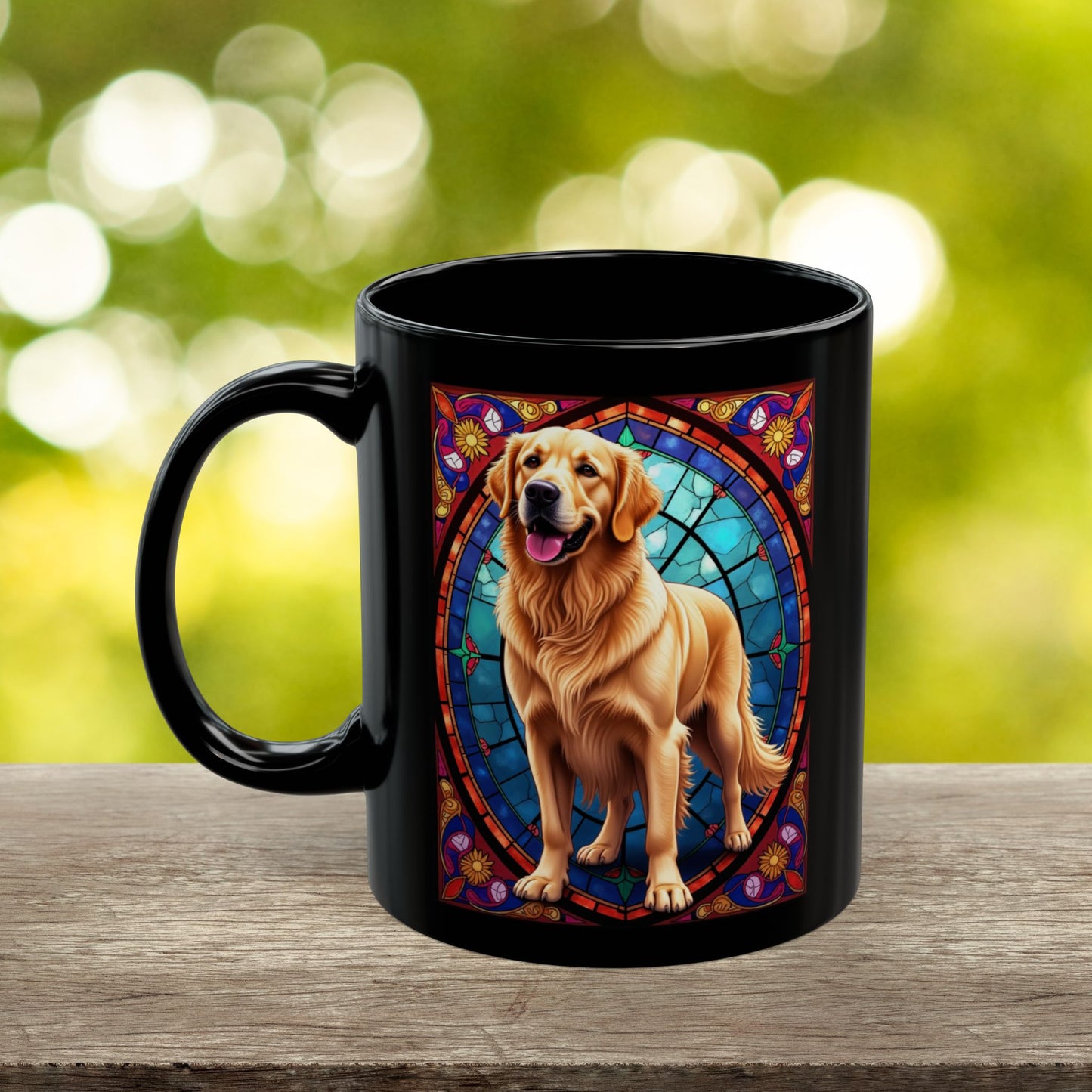 Classic Golden Retriever stained glass style coffee mug, customizable with dog name, perfect gift for pet parents
