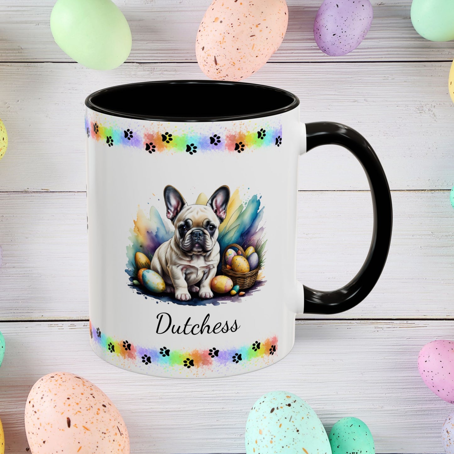 French Bulldog Cream Easter puppy coffee mug, personalized cute dog coffee cup gift for mental health awareness