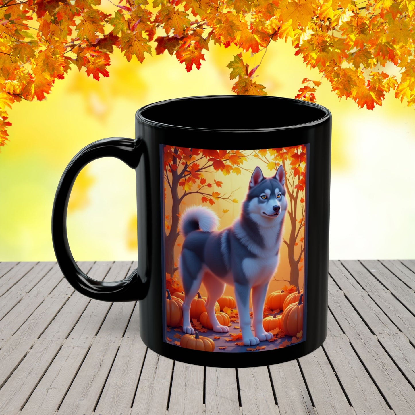 Dark Grey Siberian Husky (Amber Eyes) autumn coffee mug, personalized gift for Husky lovers this fall