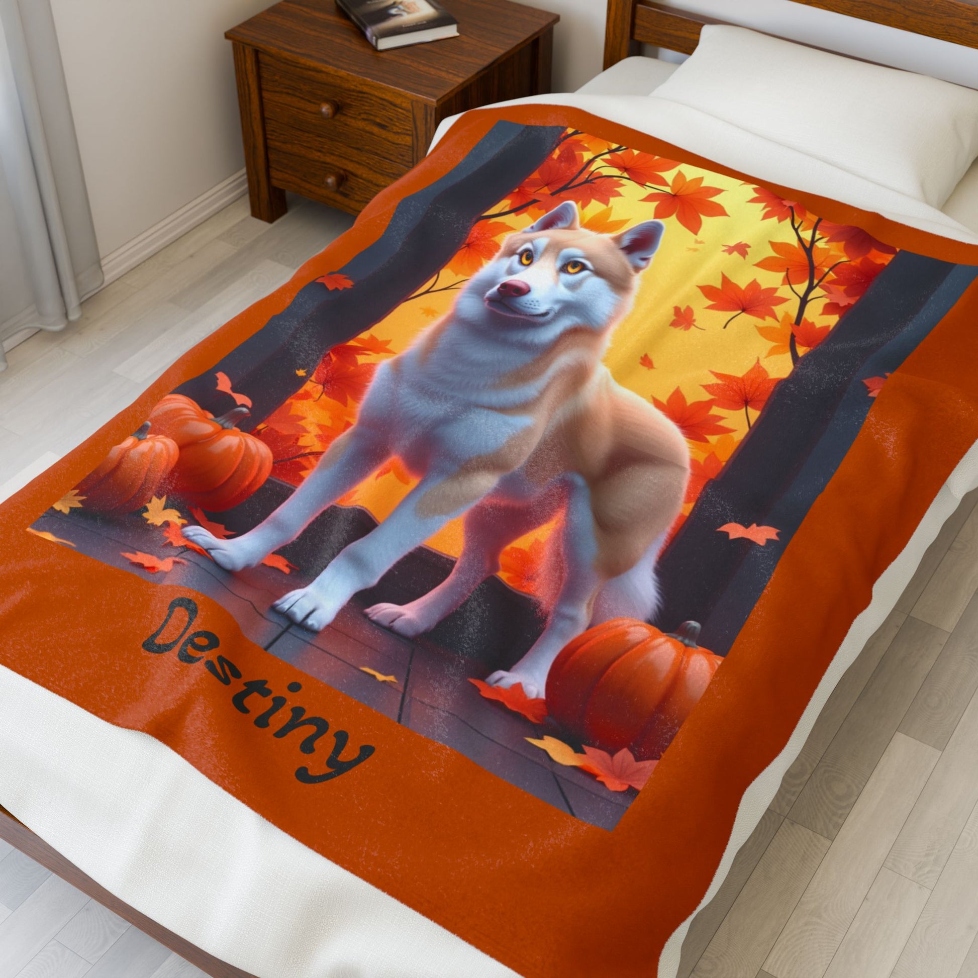 Siberian Husky Light Red Coat (Amber Eyes) Velveteen Plush Blanket, Custom Dog Throw