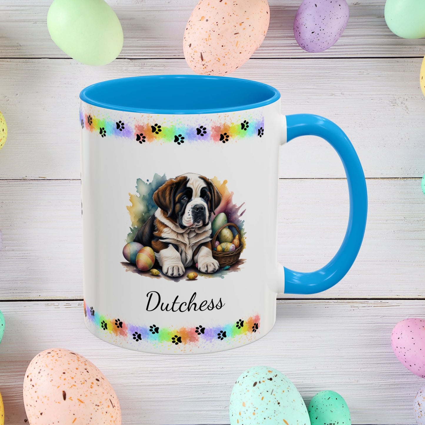 Saint Bernard Easter puppy coffee mug personalized for dog lovers, promoting comfort, calm, and joyful Easter mornings.