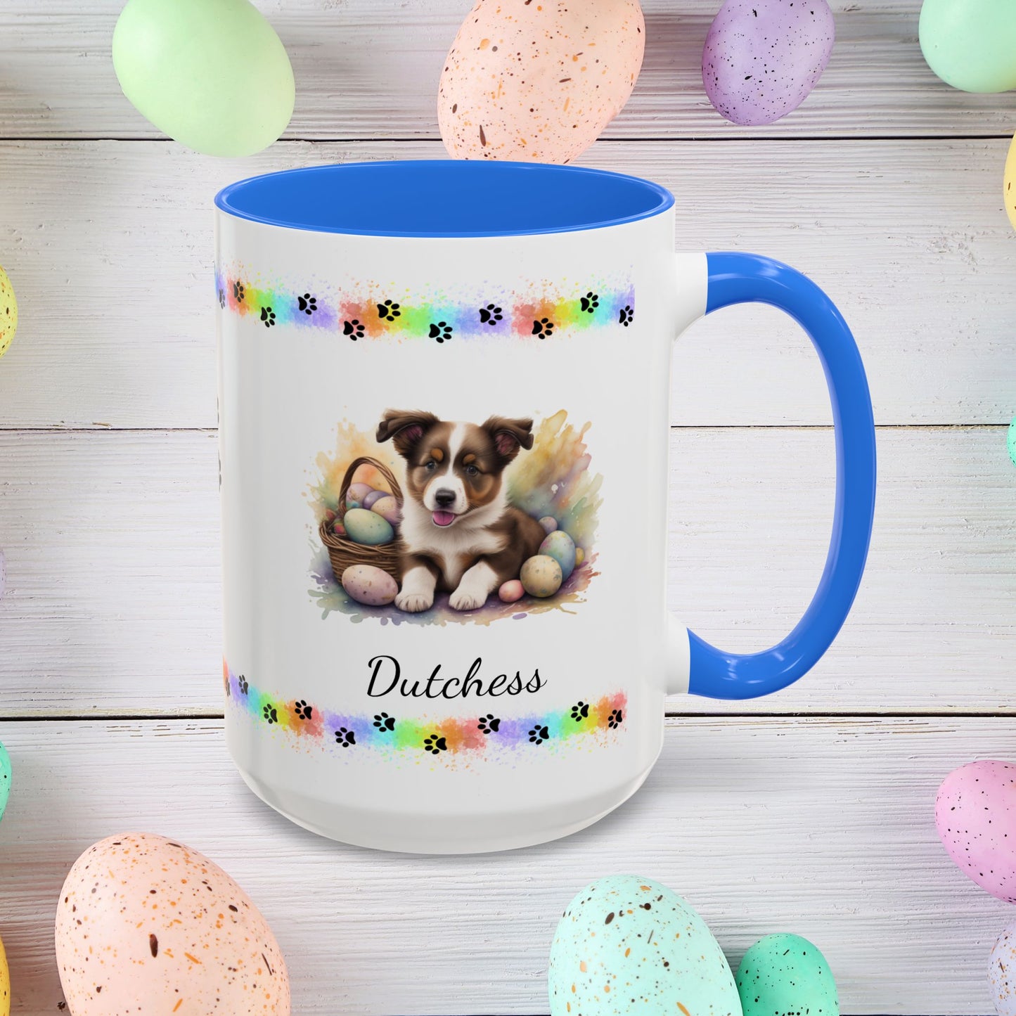Border Collie Brown & White personalized Easter puppy mug, cute dog coffee cup, mental health awareness gift