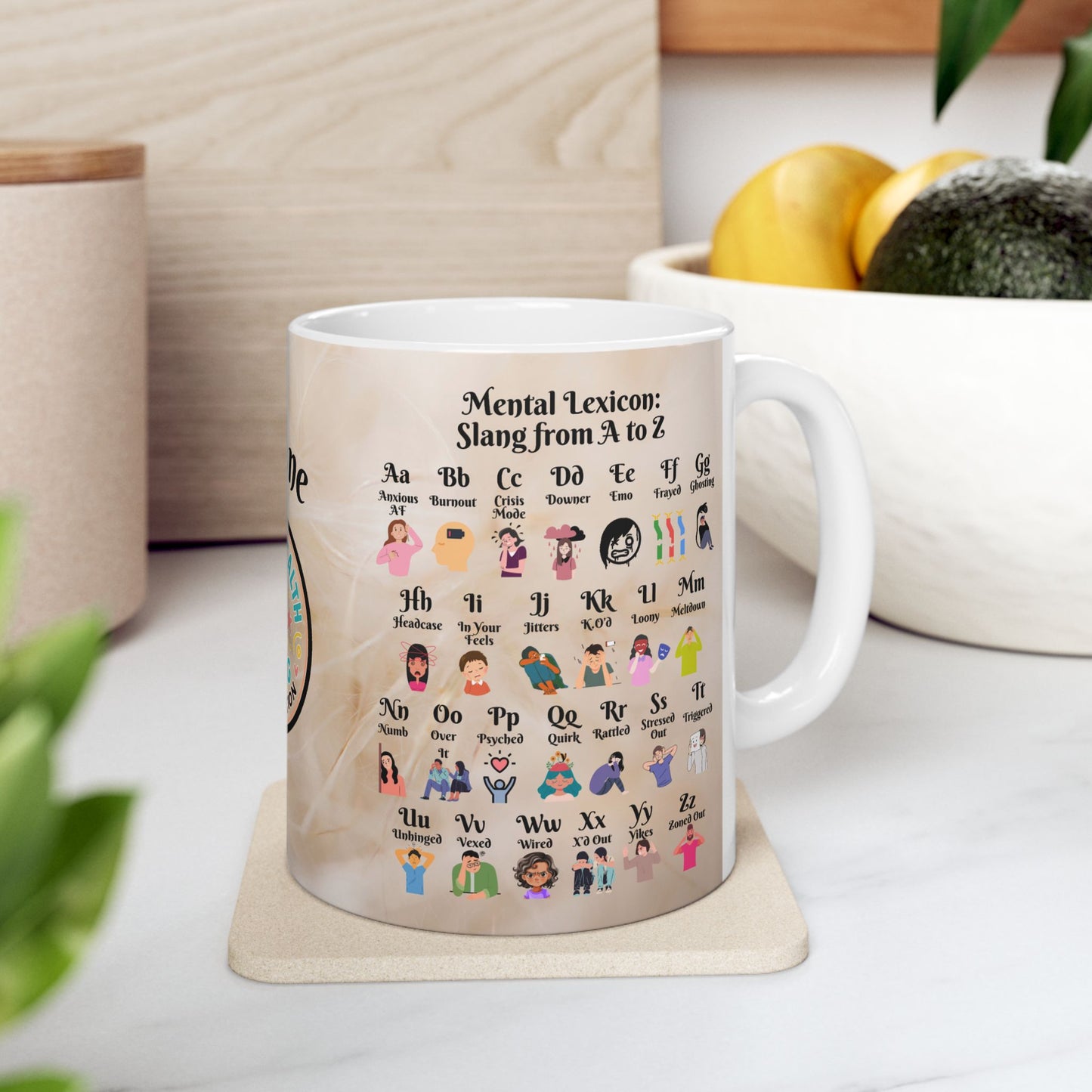 Mental Lexicon Mug with A-Z therapy slang, customizable for personal or professional mental health awareness use.
