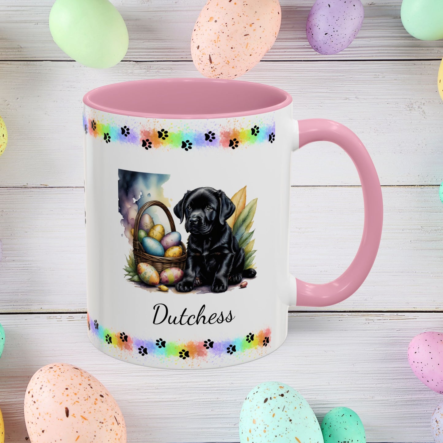 Black Labrador Easter puppy coffee mug, personalized cute dog design, mental health support and cozy sipping