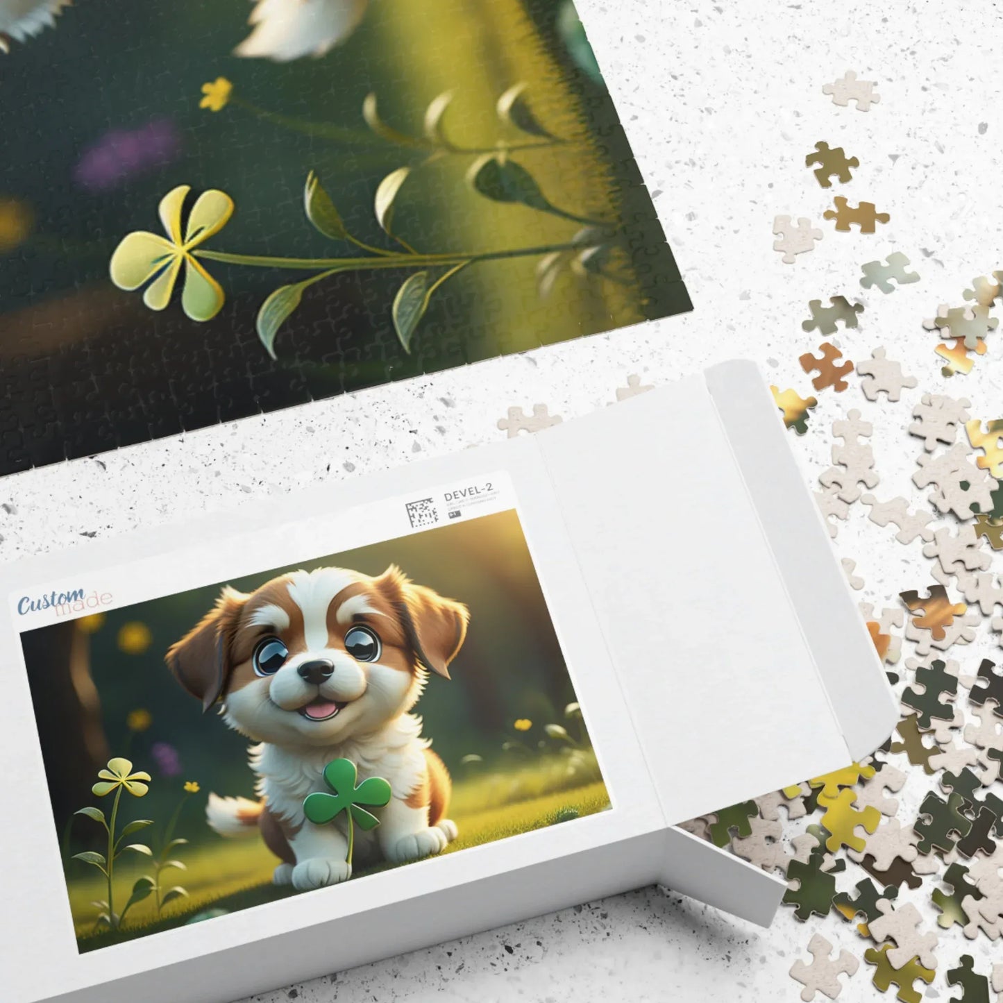 Shop our premium clover cuddles canine st patricks day mental health puzzle from MySisterIsASurvivor.