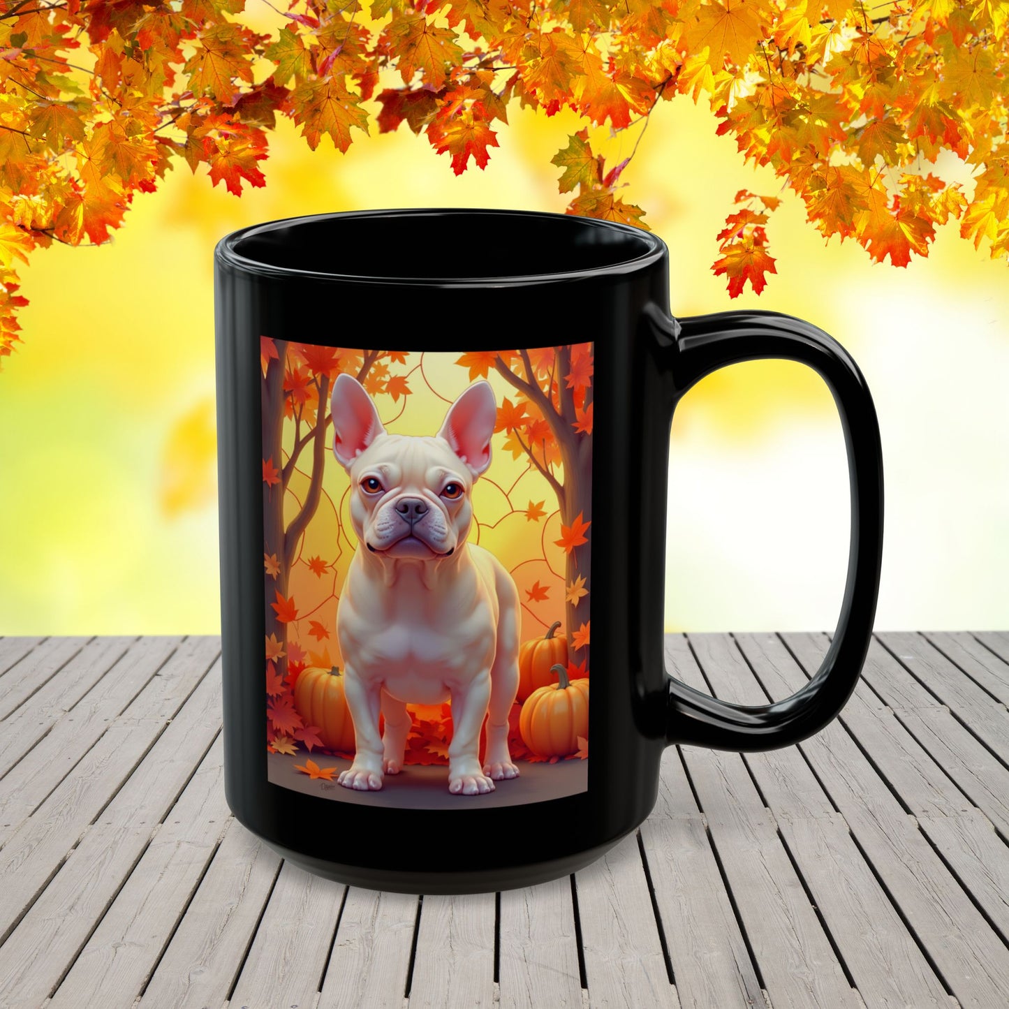 Cream French Bulldog Autumn Black Mug - Cozy fall Frenchie dog breed coffee mug